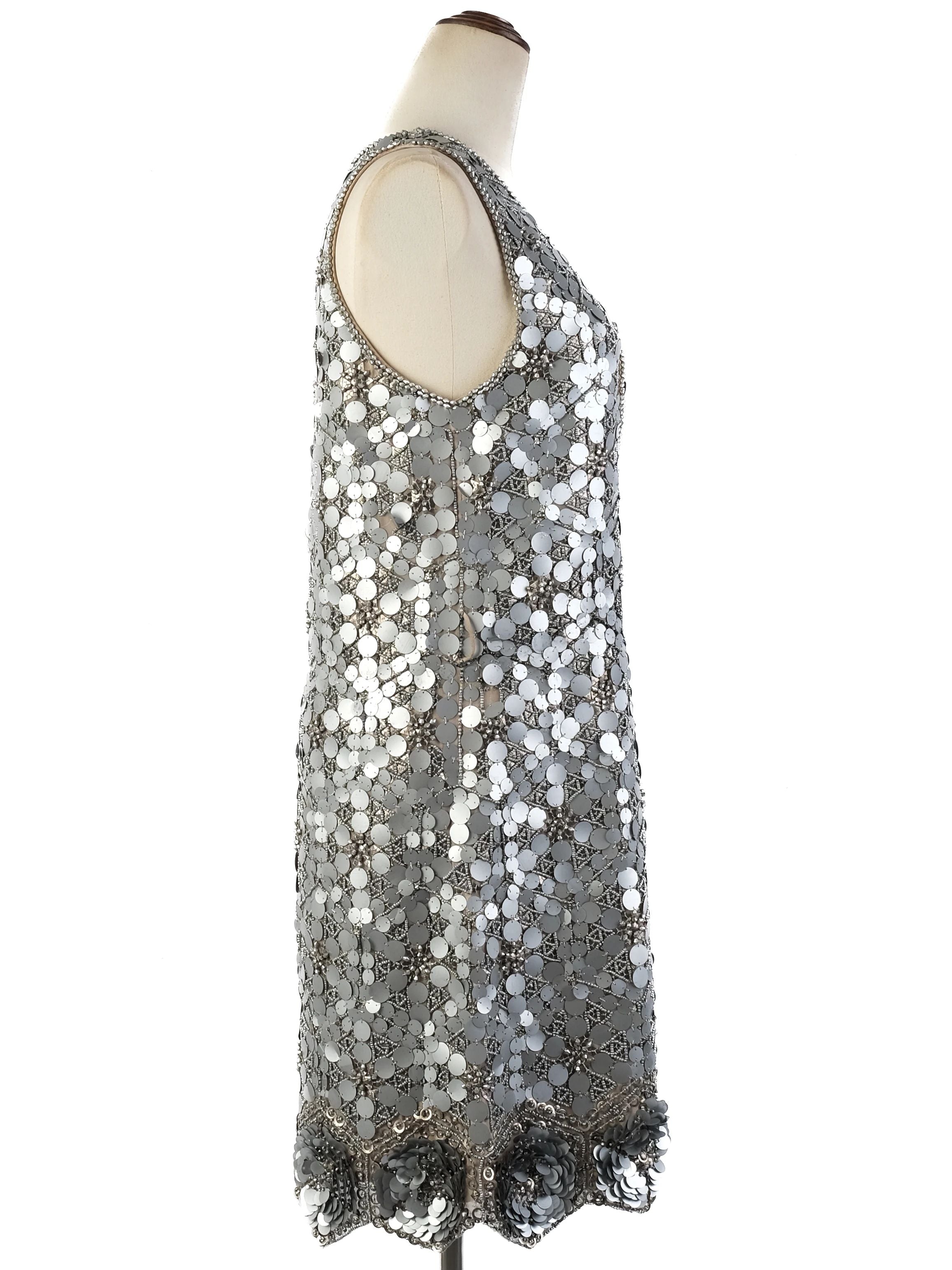 Excellent Gray Silk Sleeveless Dress with Sequin Embellishments