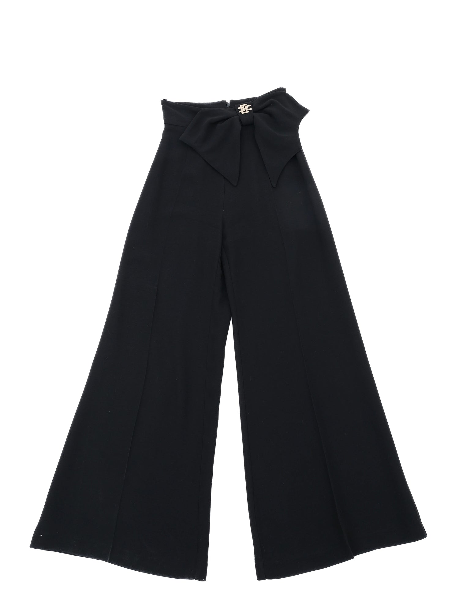 Perfect Elisabetta Franchi Black Wool Wide-Leg Pants Bow Size L