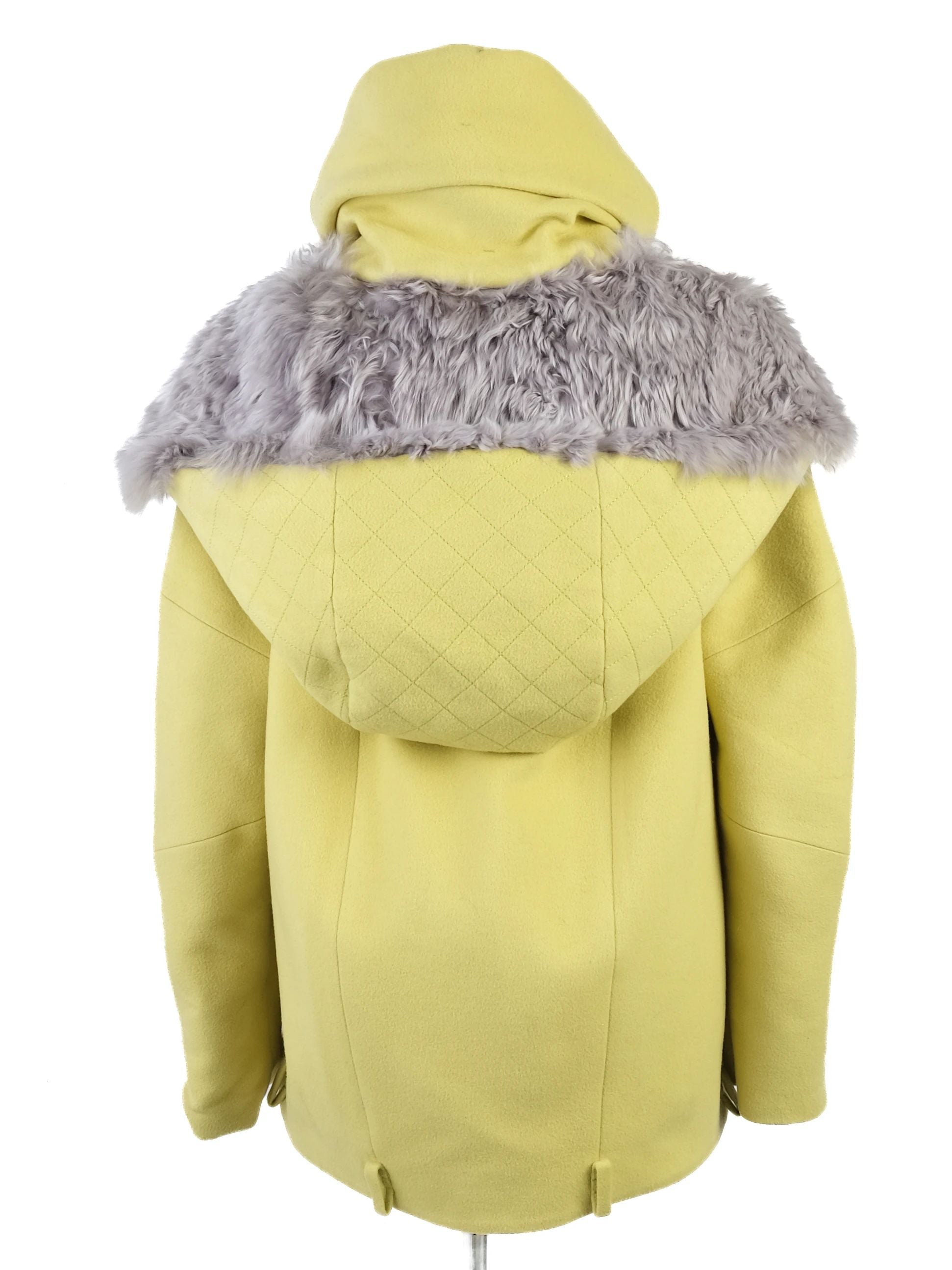 Excellent Emilio Pucci Yellow Wool Hooded Coat Size M with Fur Collar