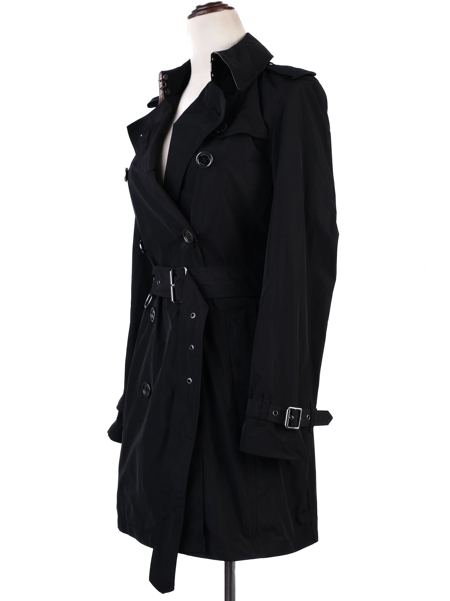 Excellent Burberry Black Trench Coat XS Polyester Double-Breasted