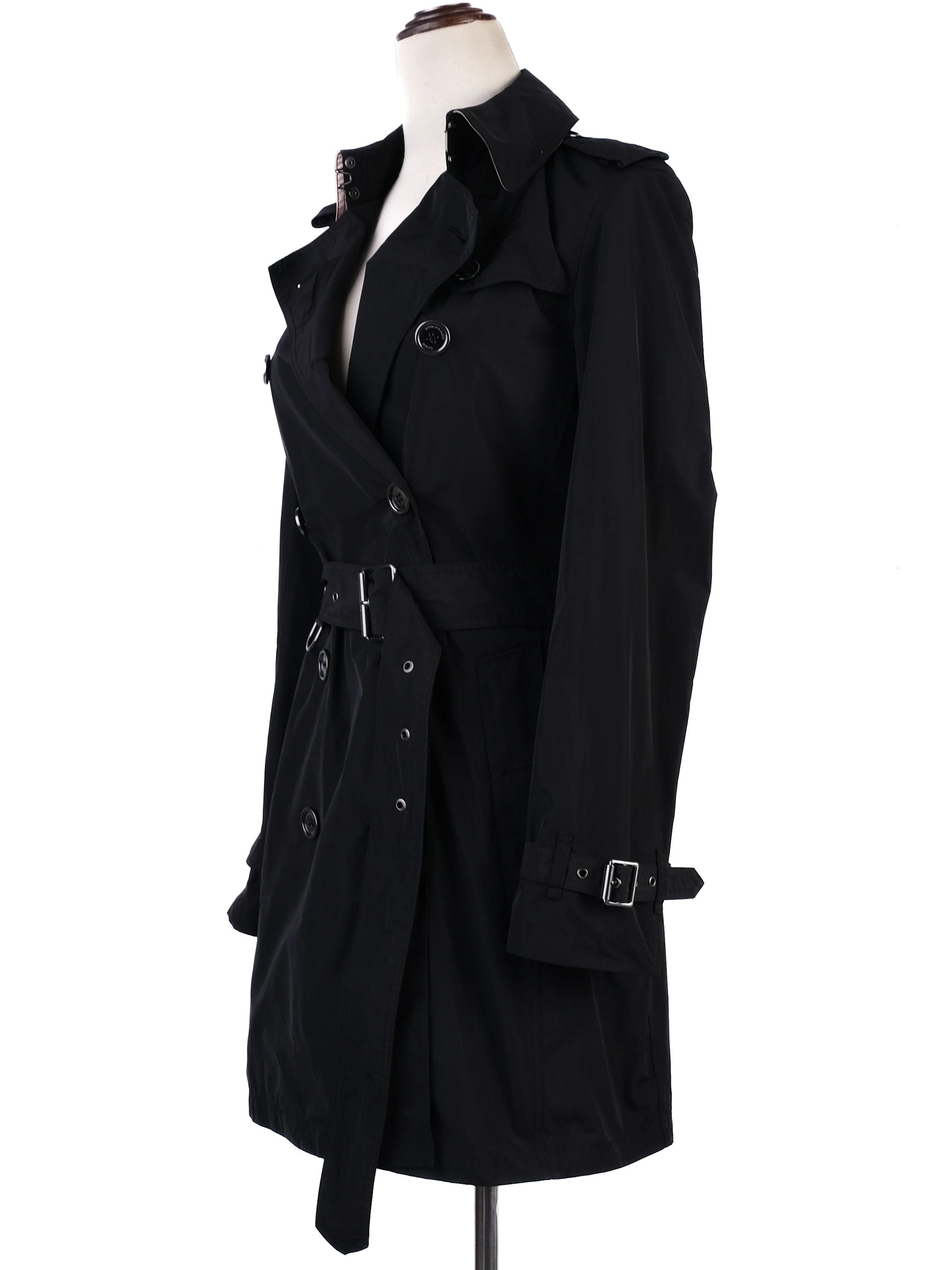 Excellent Burberry Black Trench Coat XS Polyester Double-Breasted