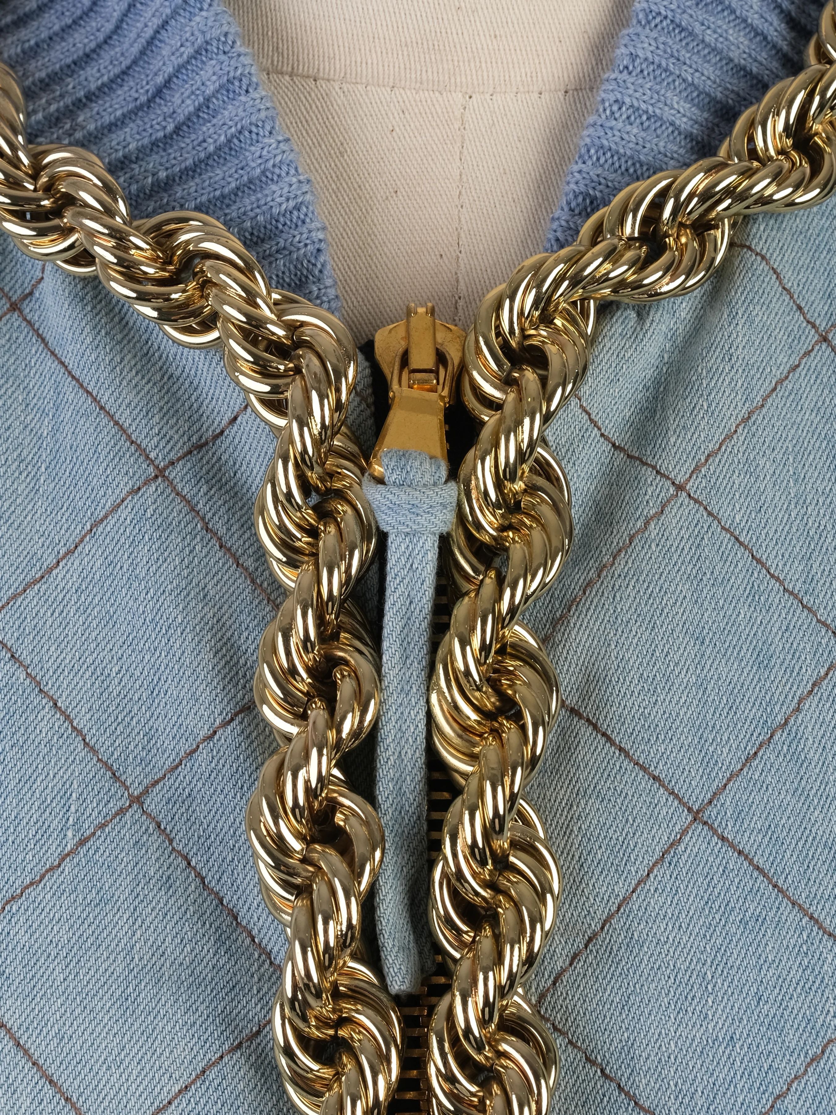 Excellent Moschino Blue Quilted Denim Jacket & Skirt Set