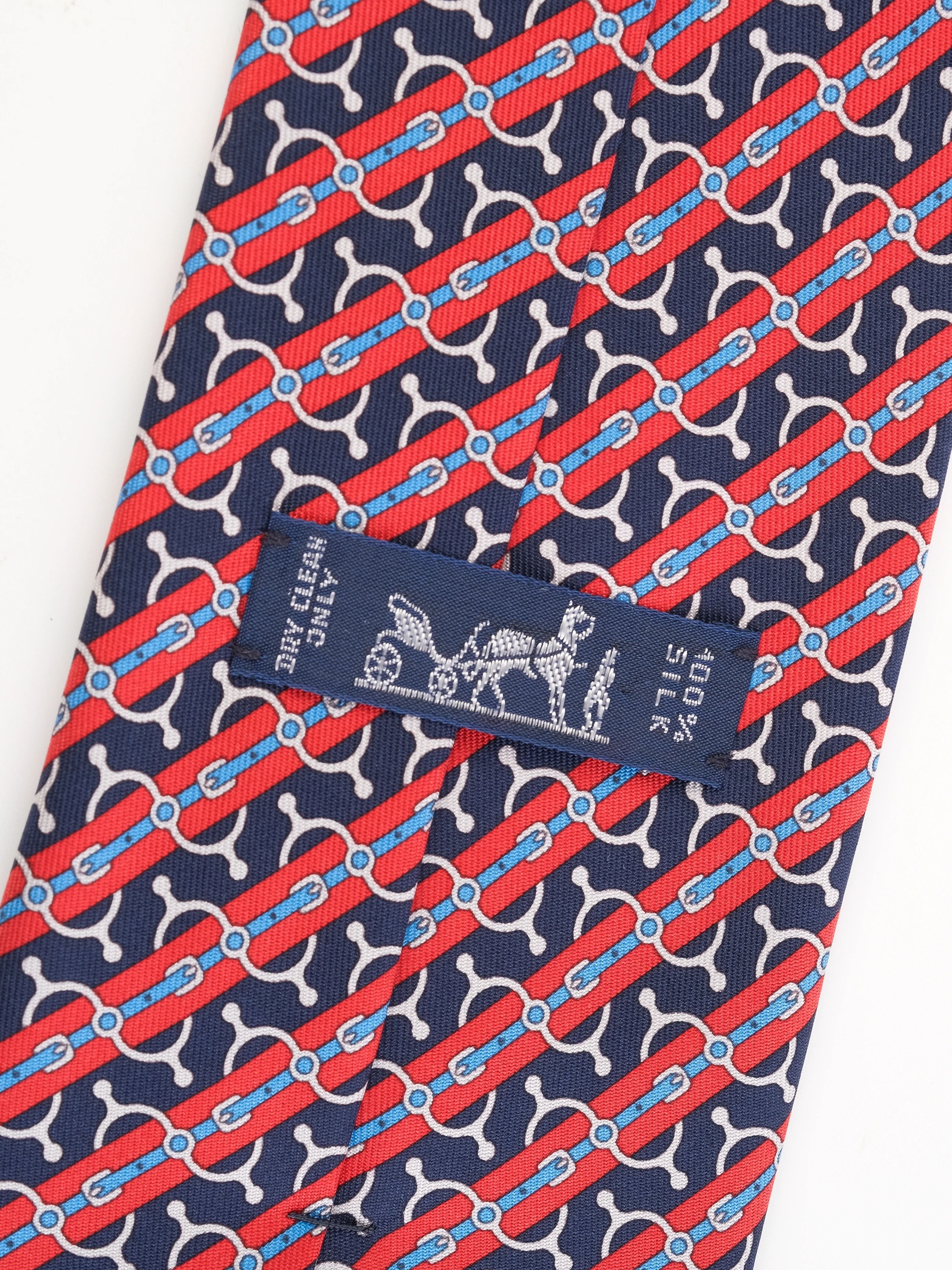 Perfect Hermes Silk Tie Combined Colors Red Blue White Patterns