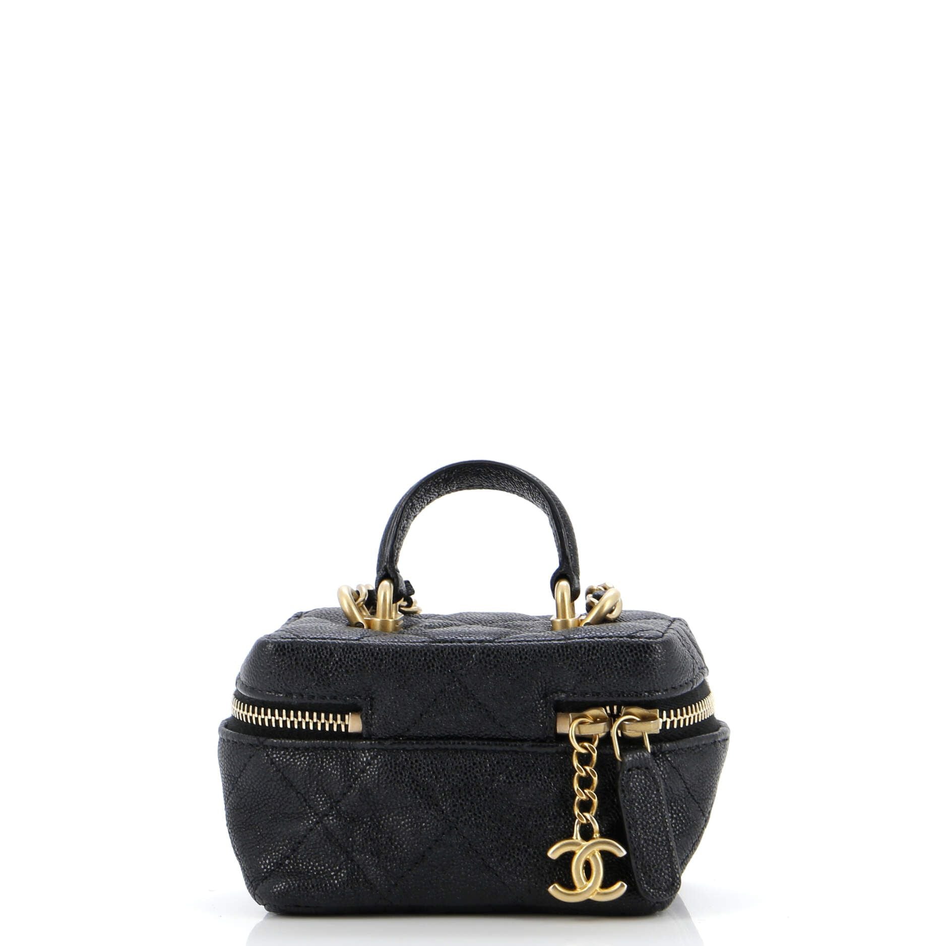 Chanel Top Handle Zip Around Vanity Case With Chain Quilted Caviar Mini