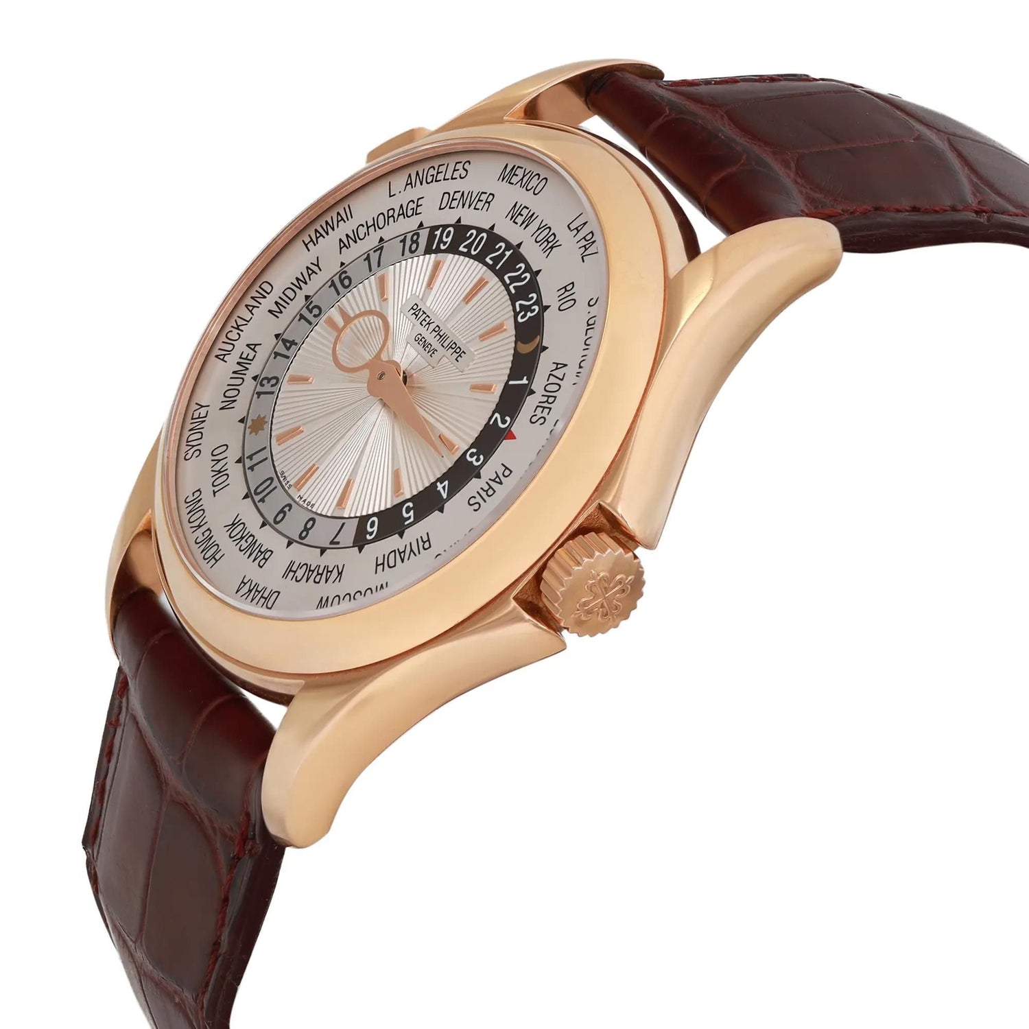 Patek Philippe World Time 18k Rose Gold Silver Dial Men Watch 5130R-001
