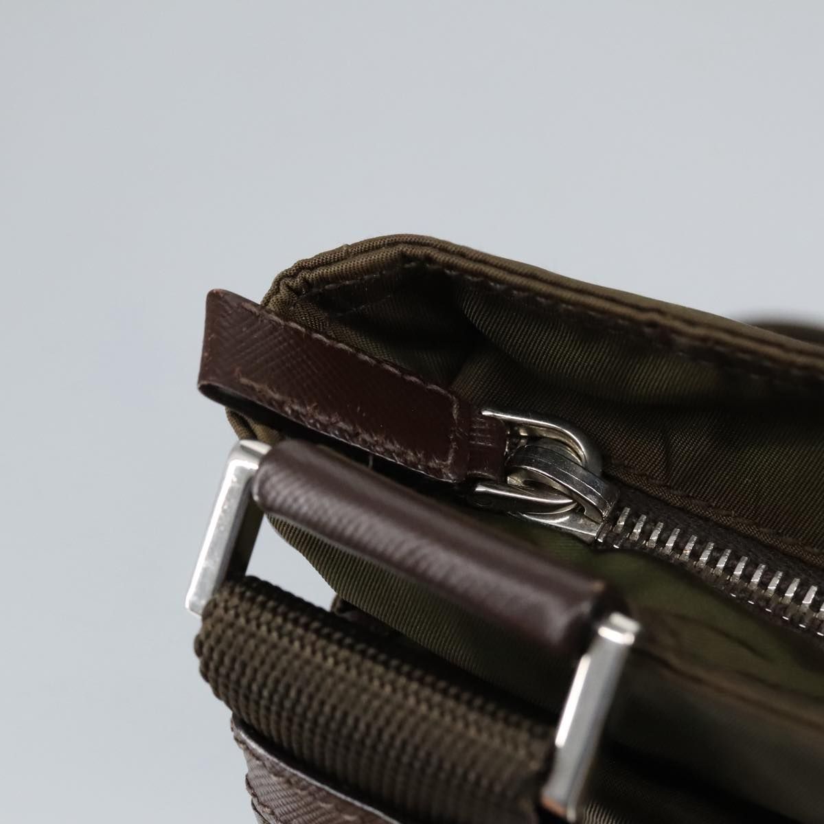 Prada Shoulder Bag Nylon Khaki Brown Silver Auth