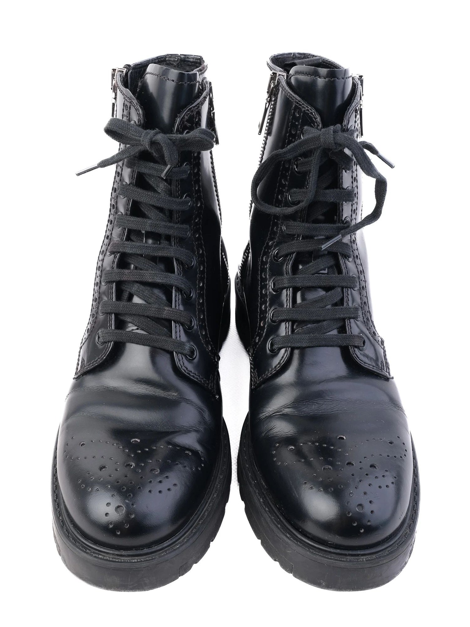 Prada Black Leather Ankle Boots with Laces & Side Zipper, Size 38