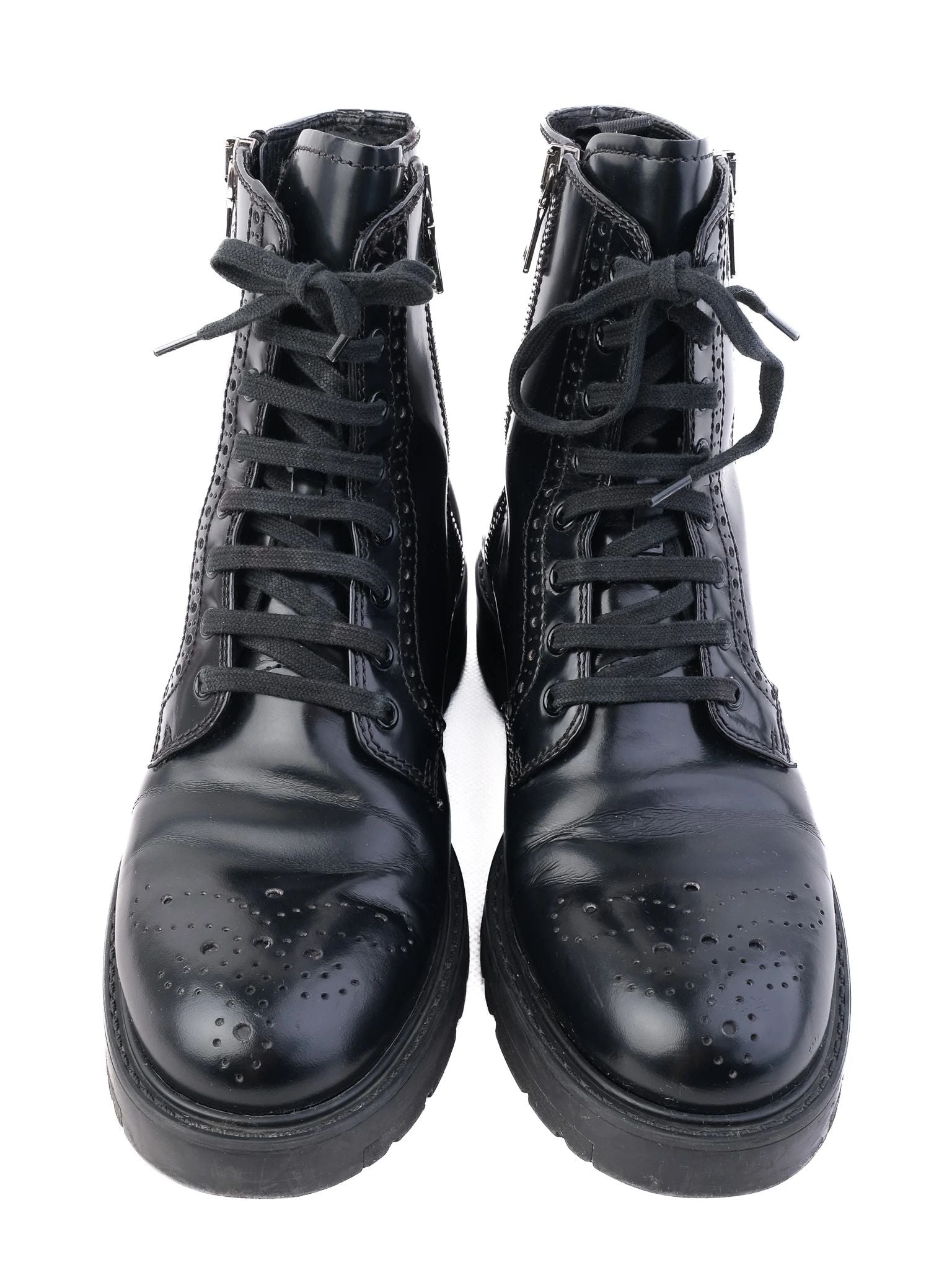 Prada Black Leather Ankle Boots with Laces & Side Zipper, Size 38