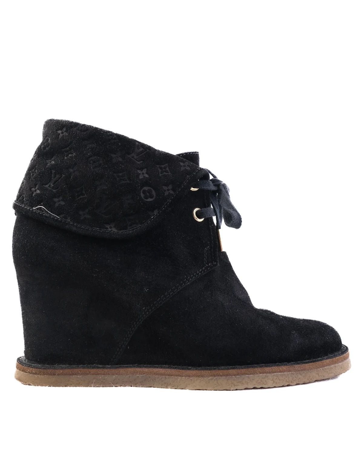 Excellent Louis Vuitton Black Suede Wedge Ankle Boots Size N/A