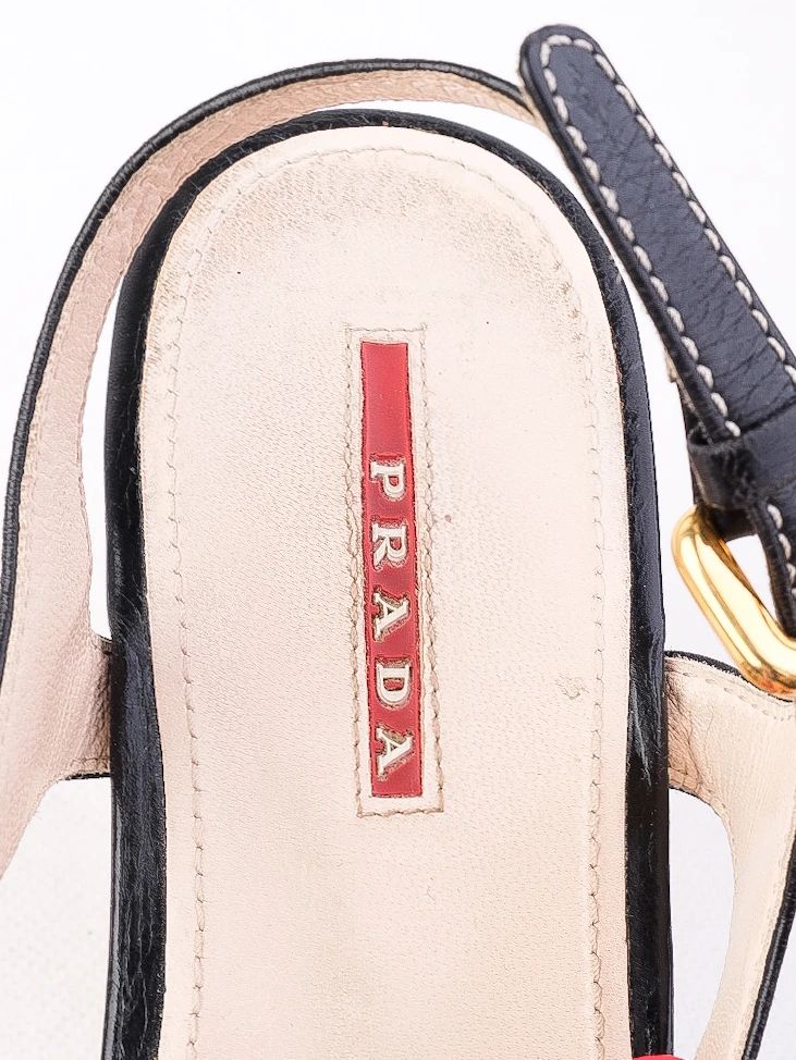 Excellent Prada Black Leather Wedge Sandals Size 38.5 with Cork Platform