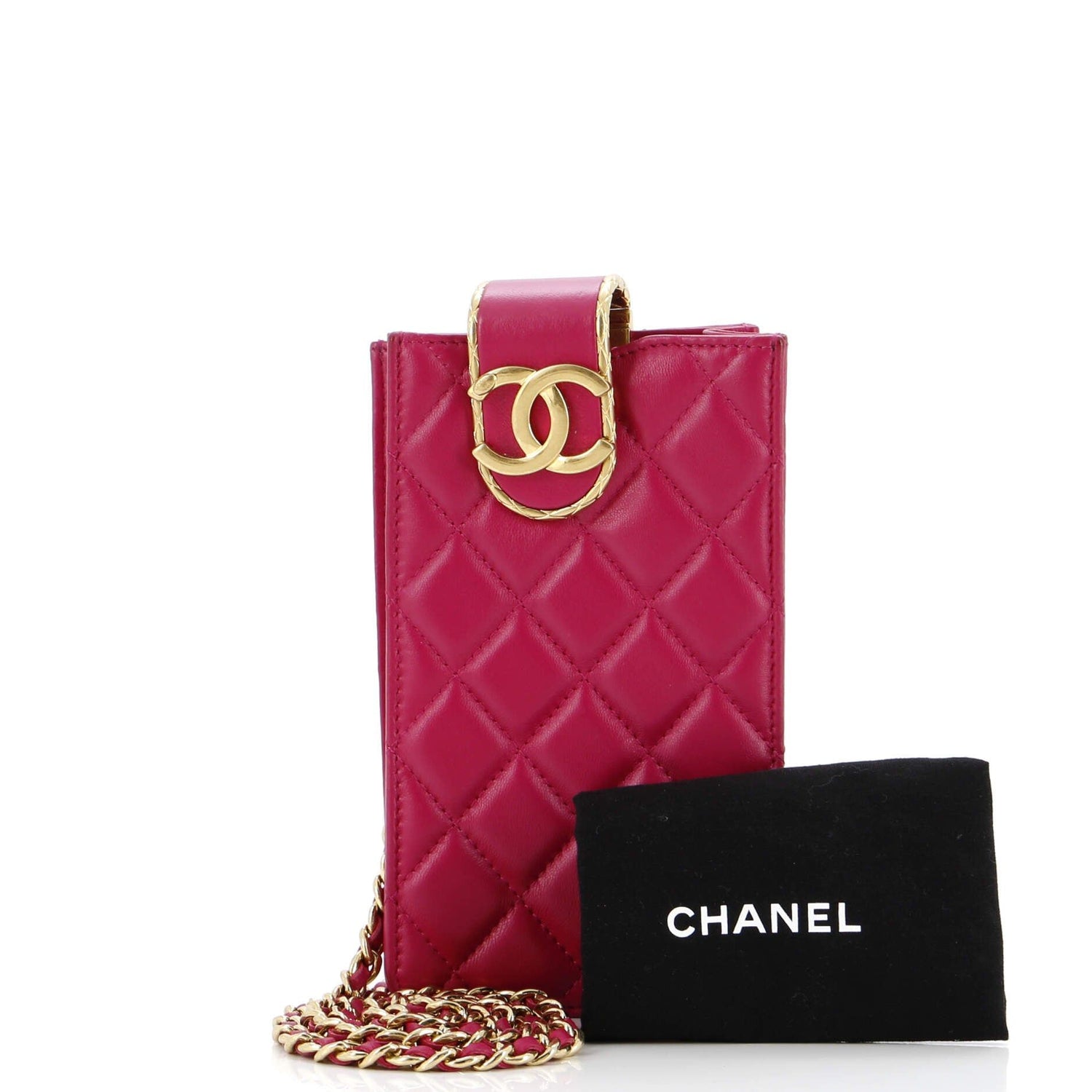 Chanel Quilt Metal Edge Cc Phone Holder With Chain Quilted Lambskin