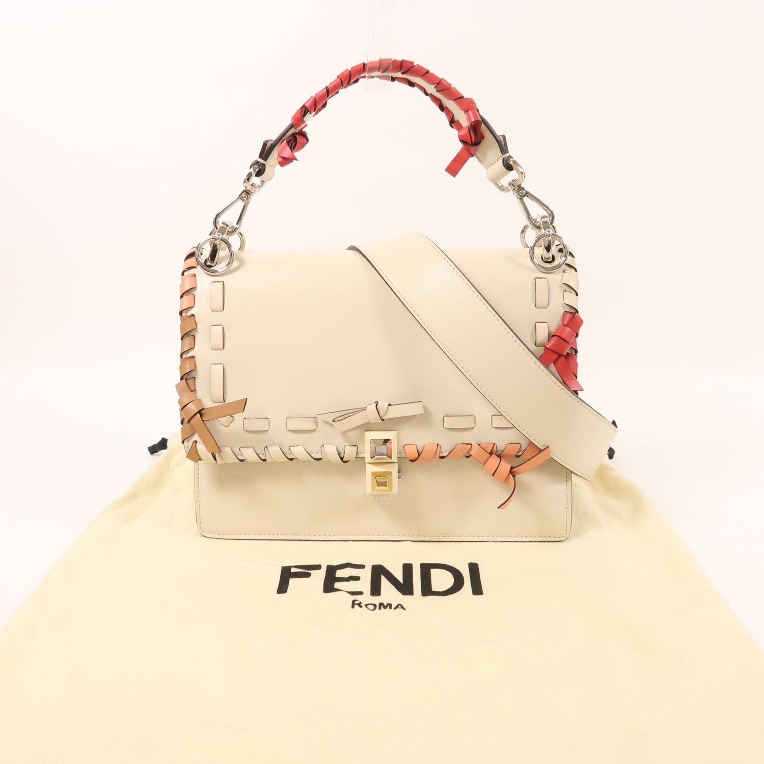 Fendi Cowhide Leather Vitello Bow Kan I Silver Hand-handed Shoulder And Back Bag 2way Shoulder Bag Beige White Calfskin