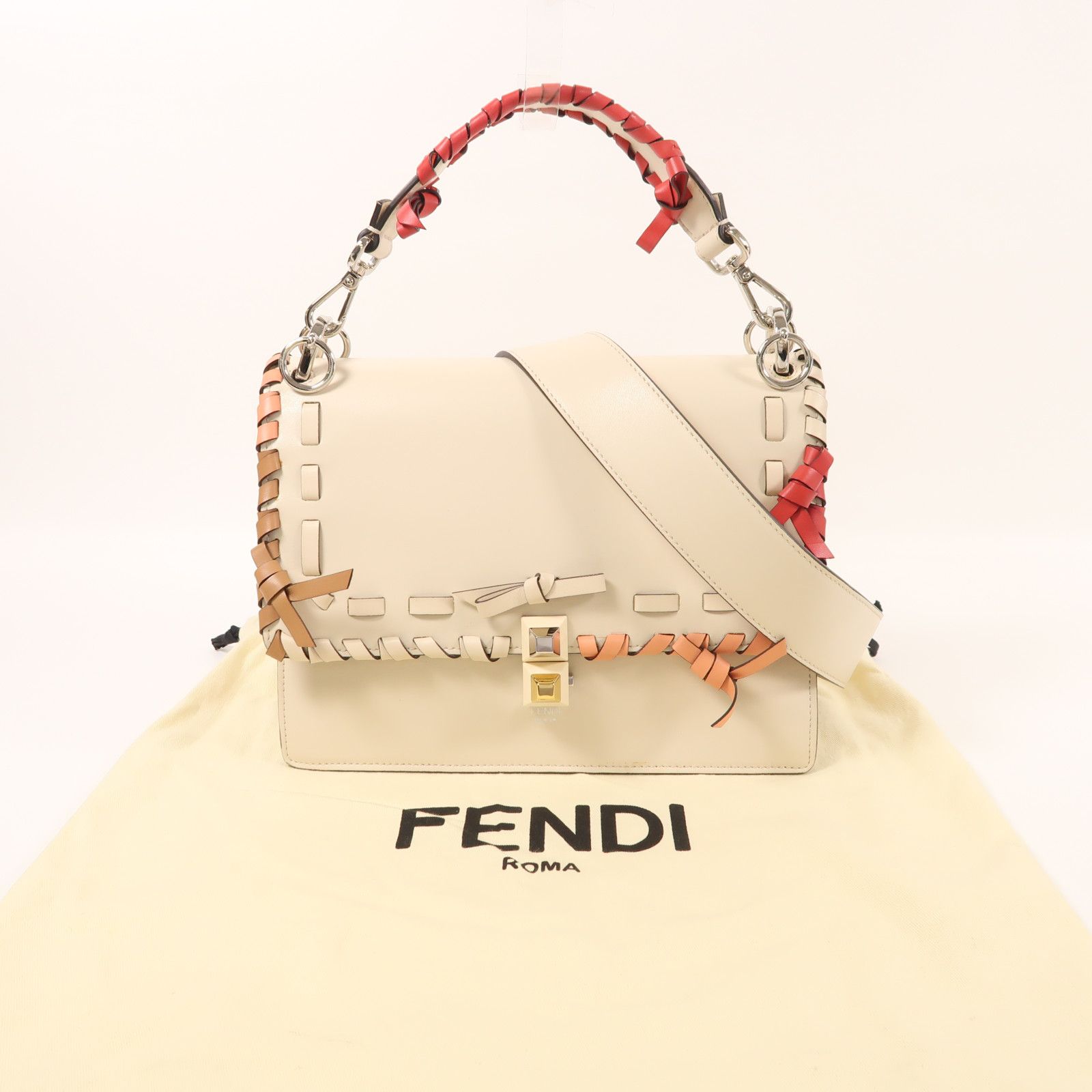 Fendi Cowhide Leather Vitello Bow Kan I Silver Hand-handed Shoulder And Back Bag 2way Shoulder Bag Beige White Calfskin
