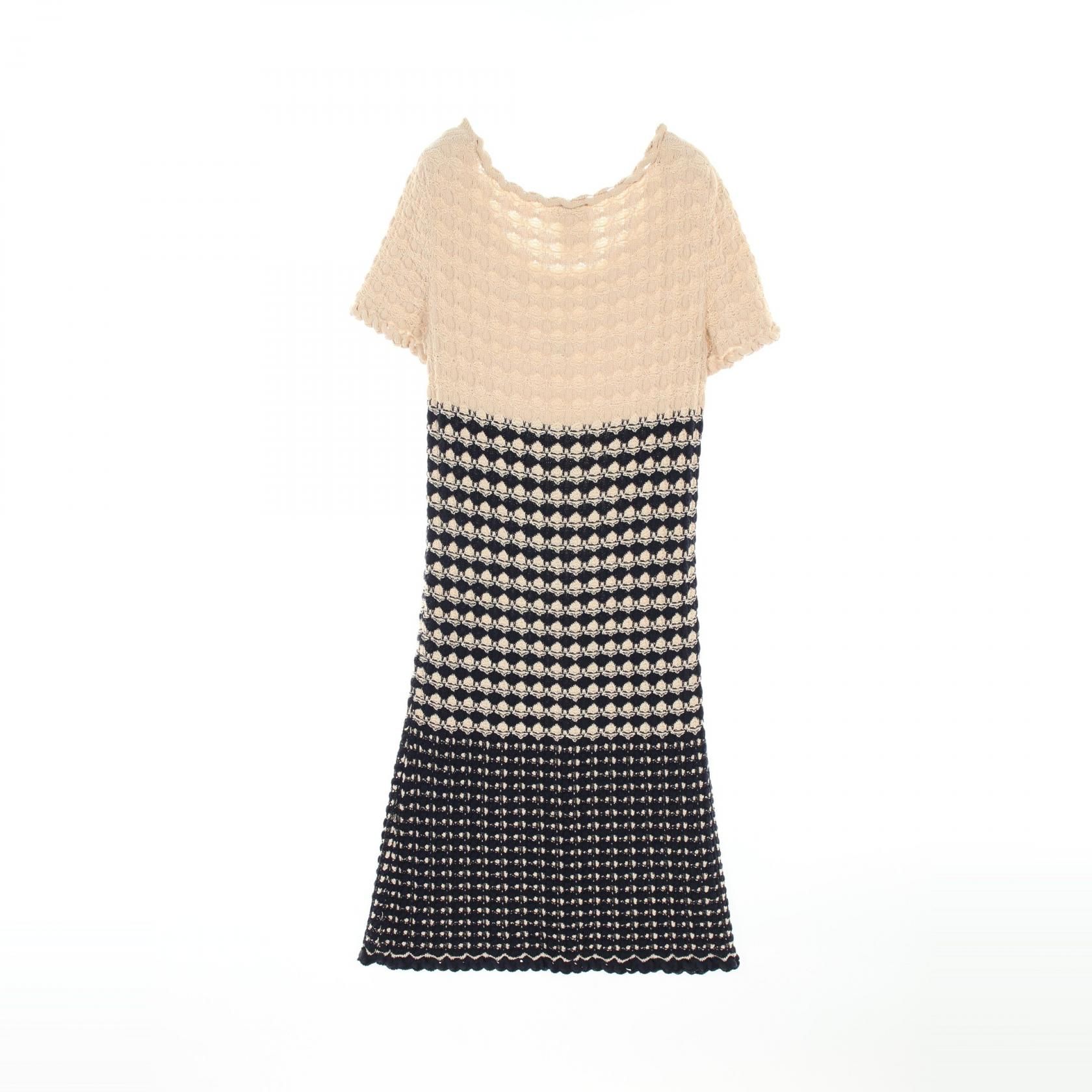 Chanel Navy Beige Coco Mark Button Dress Rayon Cotton Silk P 43366
