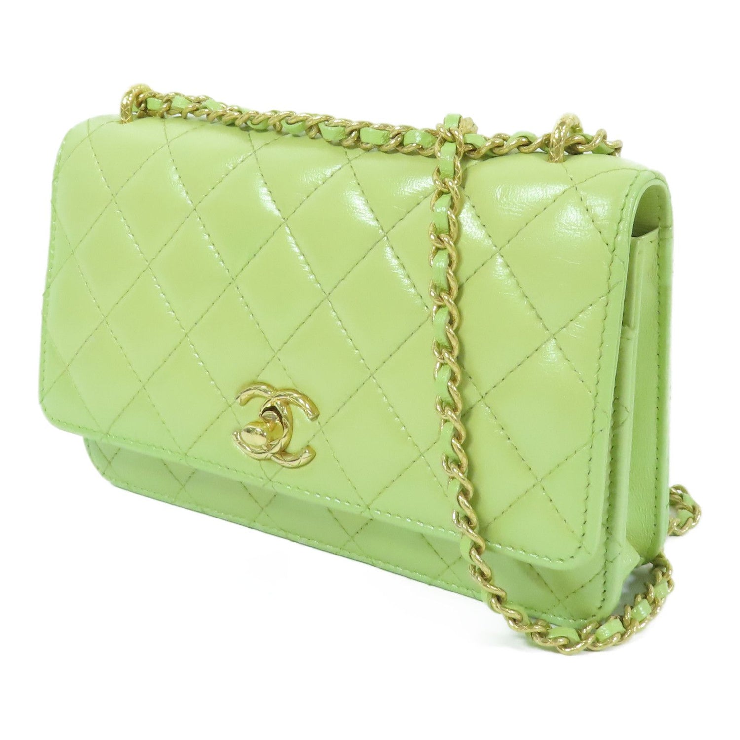 Chanel Green Cowhide Leather Woc Wallet On Chain Golden Cross Shoulder Back Bag Calfskin (cowhide) Ap 31