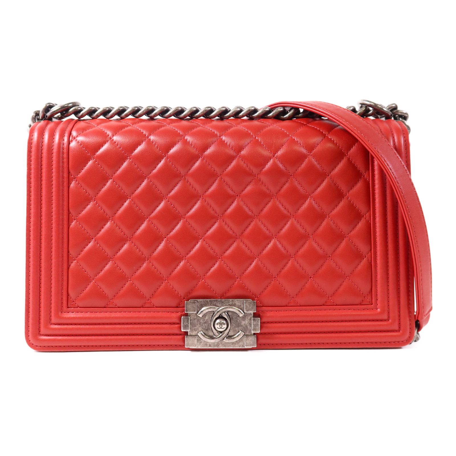 Chanel Red Leather Boy 28 Silver Crosshair Shoulder Bag Leather