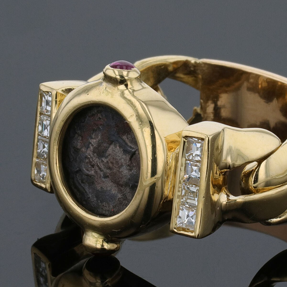 Gilles Legendre gold, antic coin, rubies and diamonds ring
