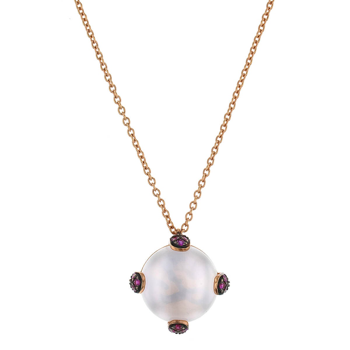 Gold, pink moonstone, rubies necklace
