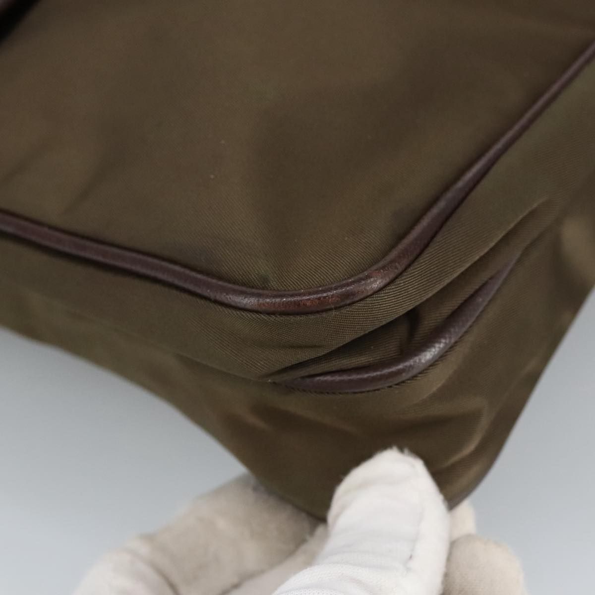 Prada Shoulder Bag Nylon Khaki Brown Silver Auth