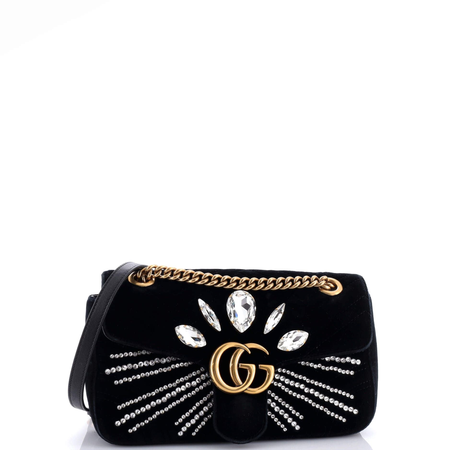 Gucci GG Marmont Flap Bag Crystal Embellished Matelasse Velvet Medium