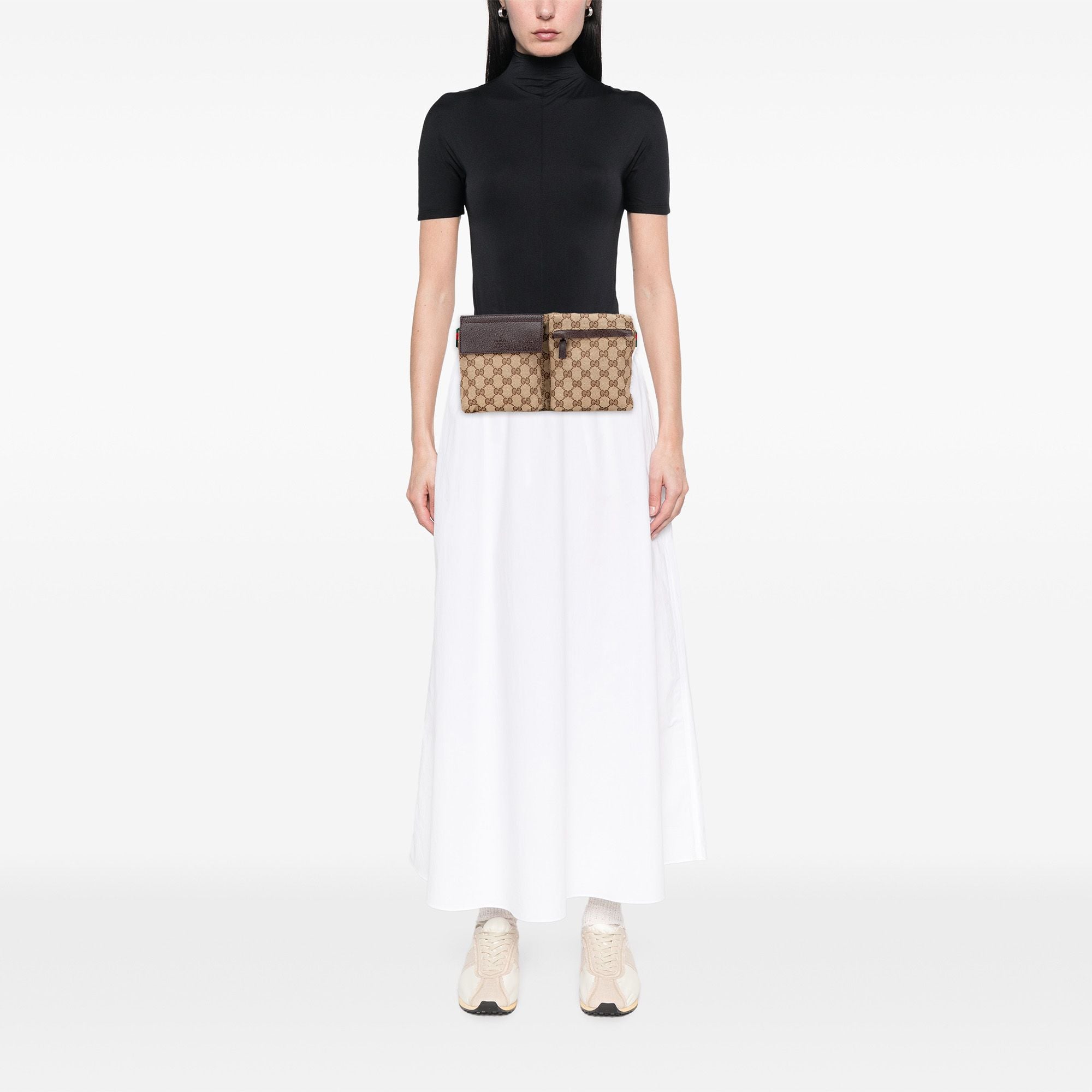 Gucci GG Canvas Web Double Pocket Belt Bag Brown