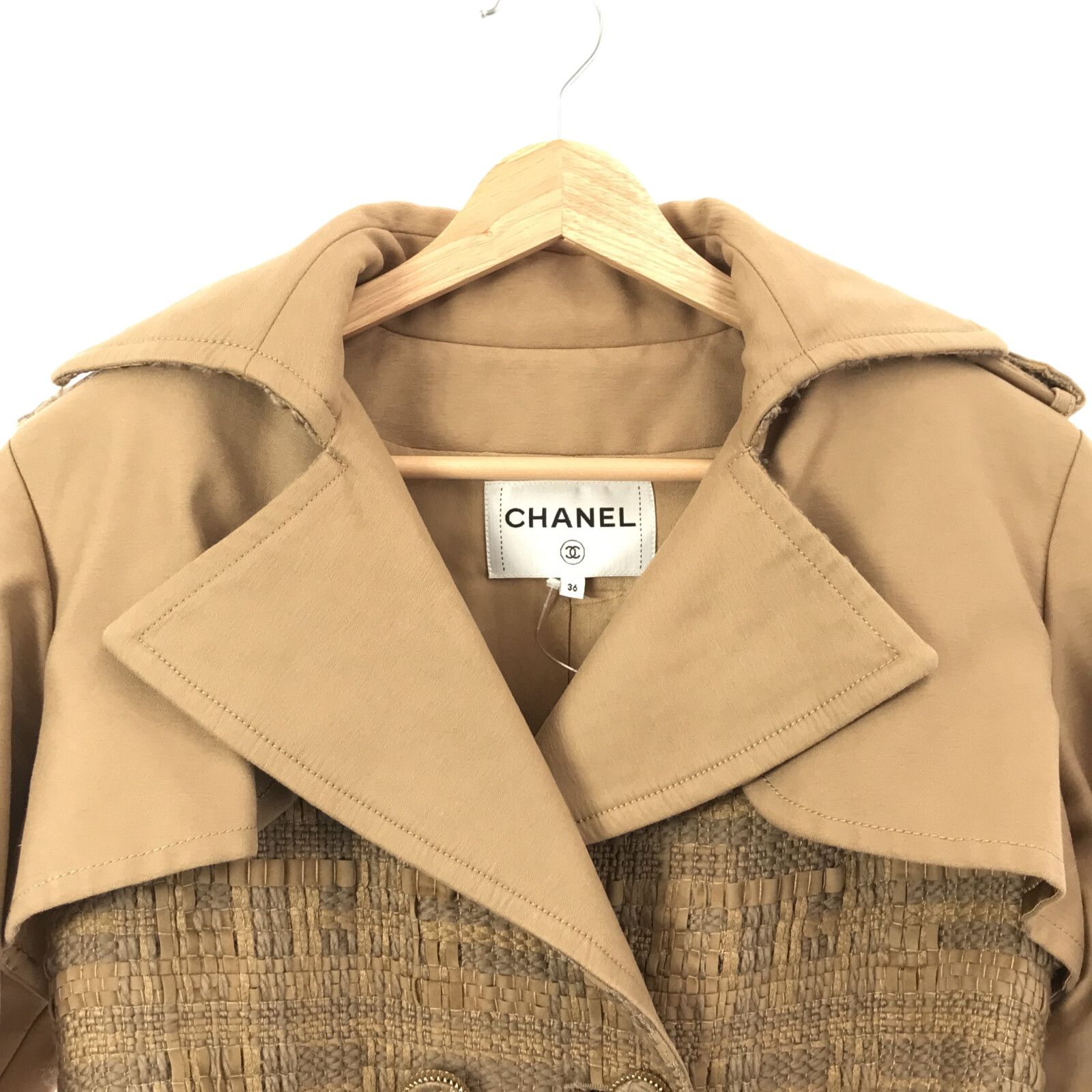 Chanel Belted Tweed Trench Coat Beige Wool 36