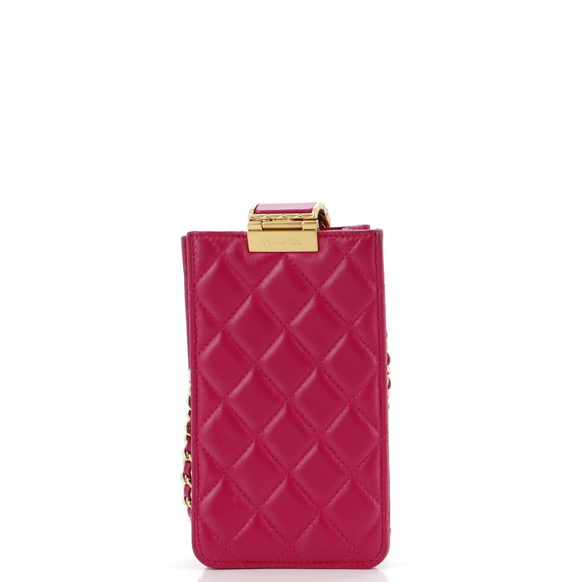 Chanel Quilt Metal Edge Cc Phone Holder With Chain Quilted Lambskin