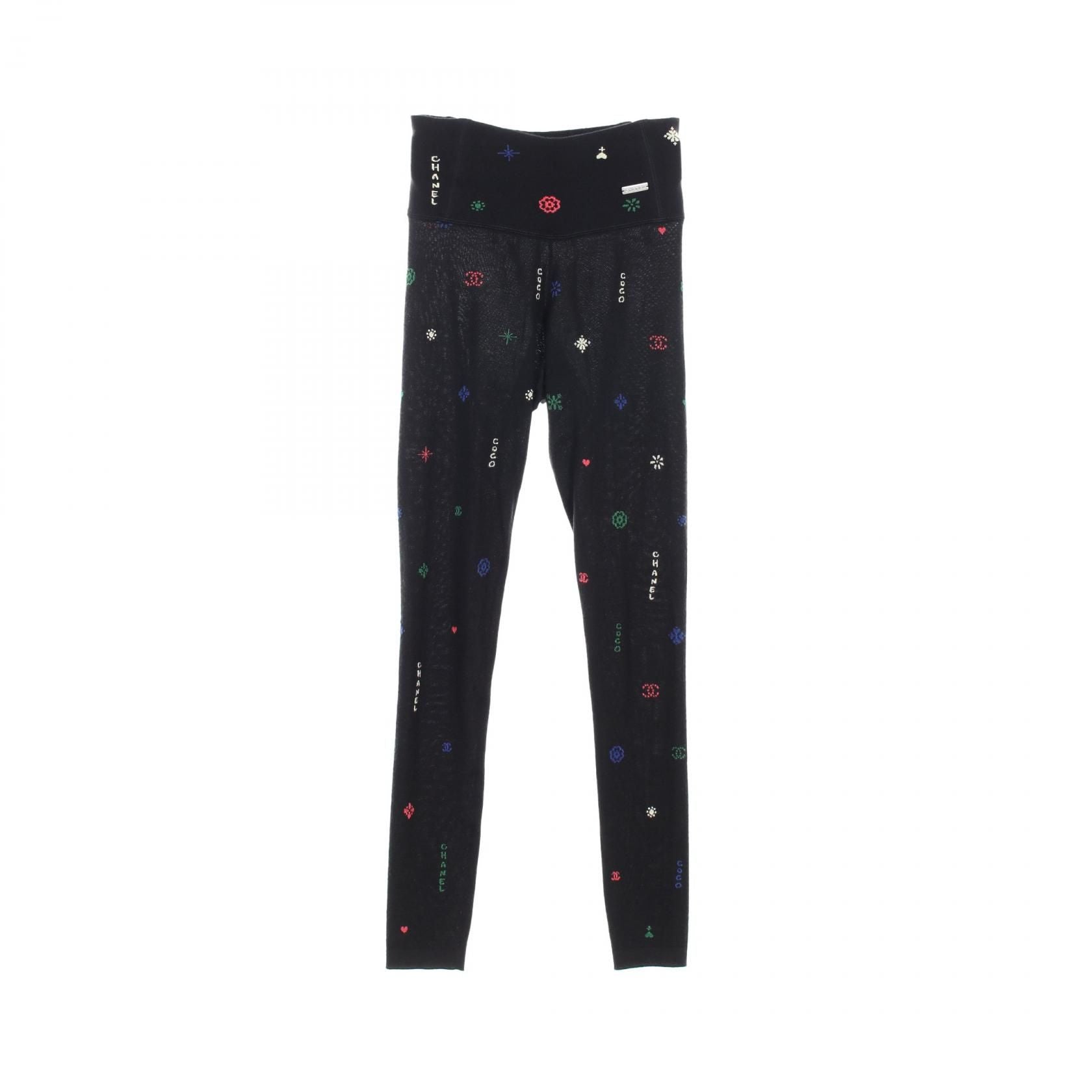Chanel Black Coco Mark Camellia Leggings Pants Cashmere Silk 21n P 70775k 10260