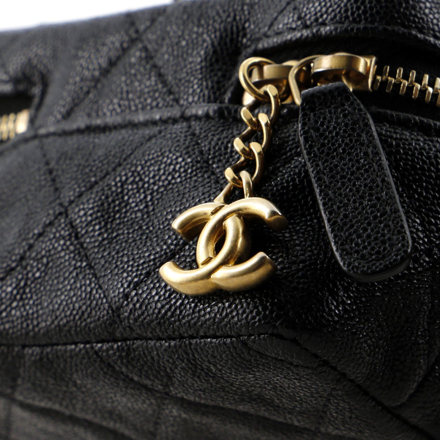 Chanel Top Handle Zip Around Vanity Case With Chain Quilted Caviar Mini