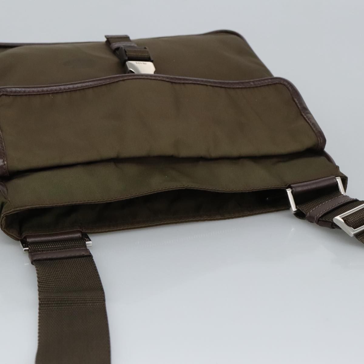 Prada Shoulder Bag Nylon Khaki Brown Silver Auth