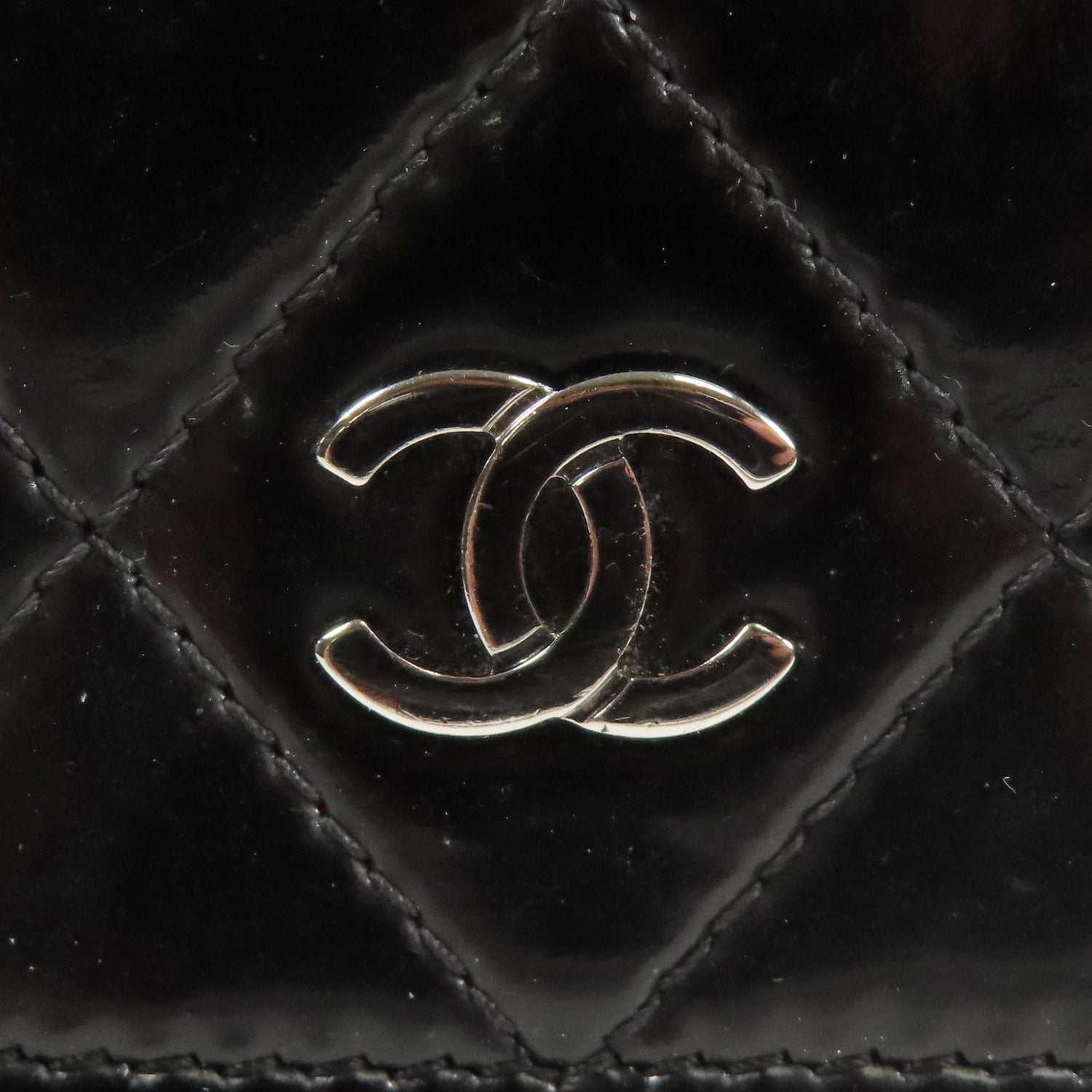 Chanel Black Lacquered Leather Woc Wallet On Chain Silver Cross Shoulder Back Bag Enamel