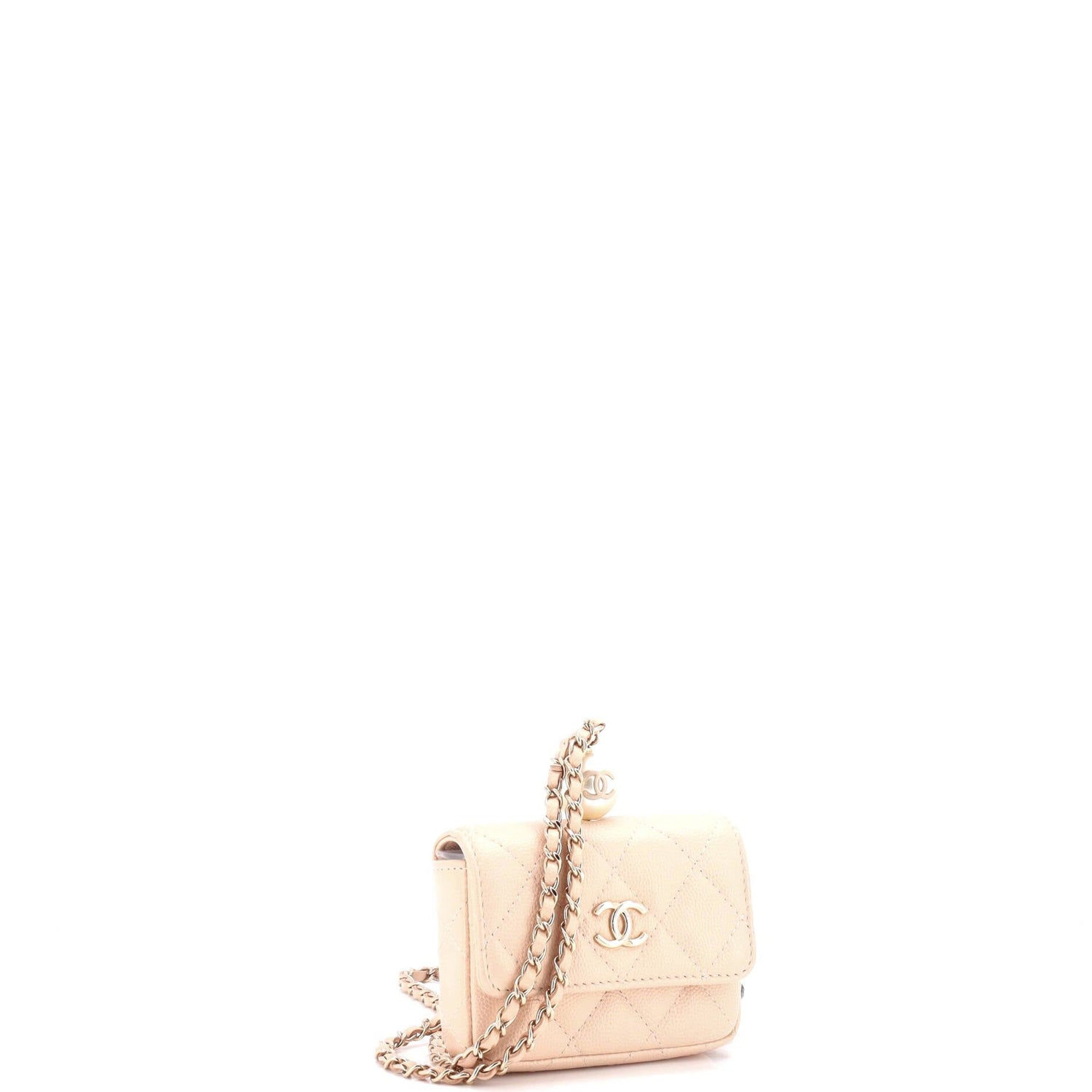 Chanel CC Pearl Coin Card Holder With Chain Quilted Iridescent Caviar