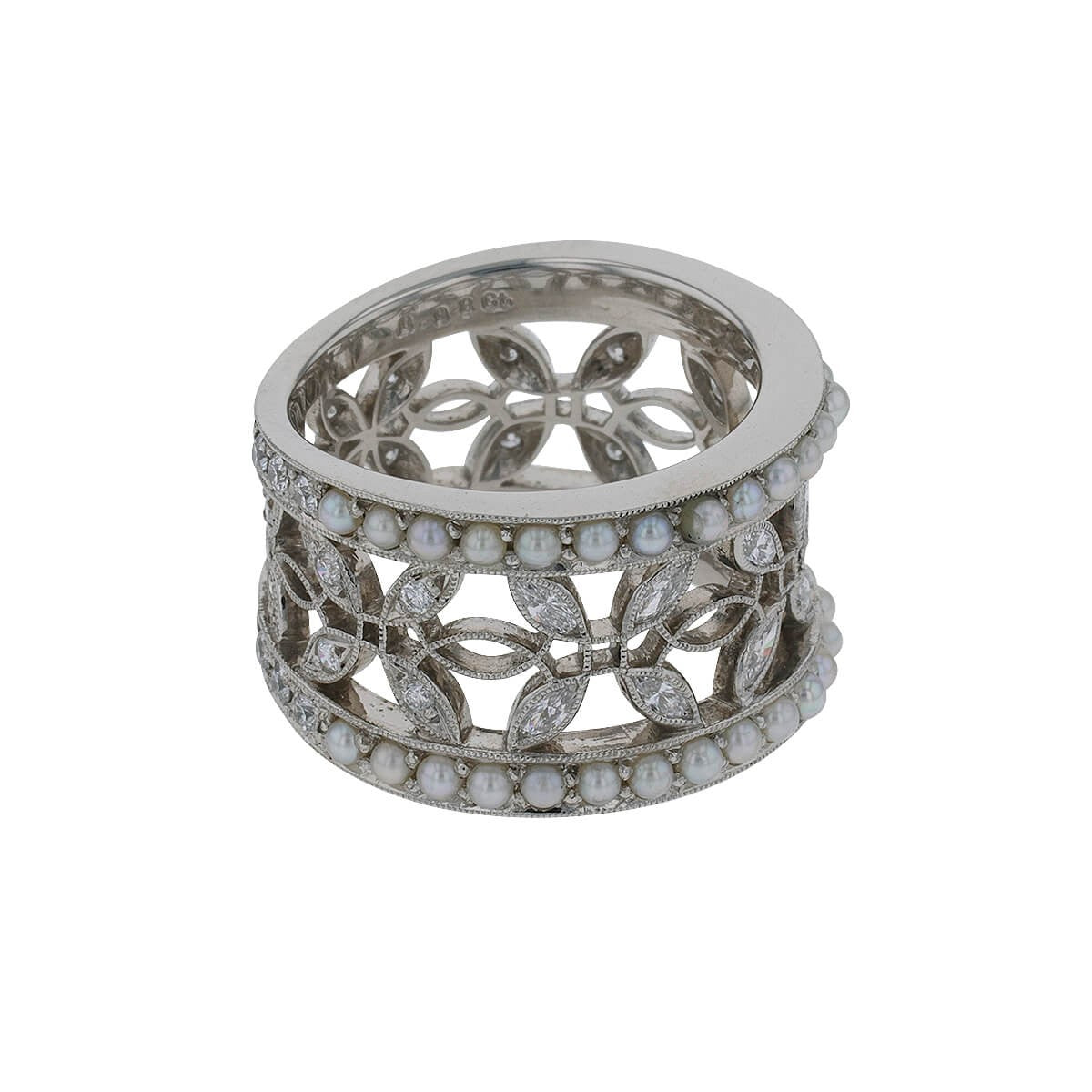 Mikimoto cultured pearls, diamonds and platinum ring