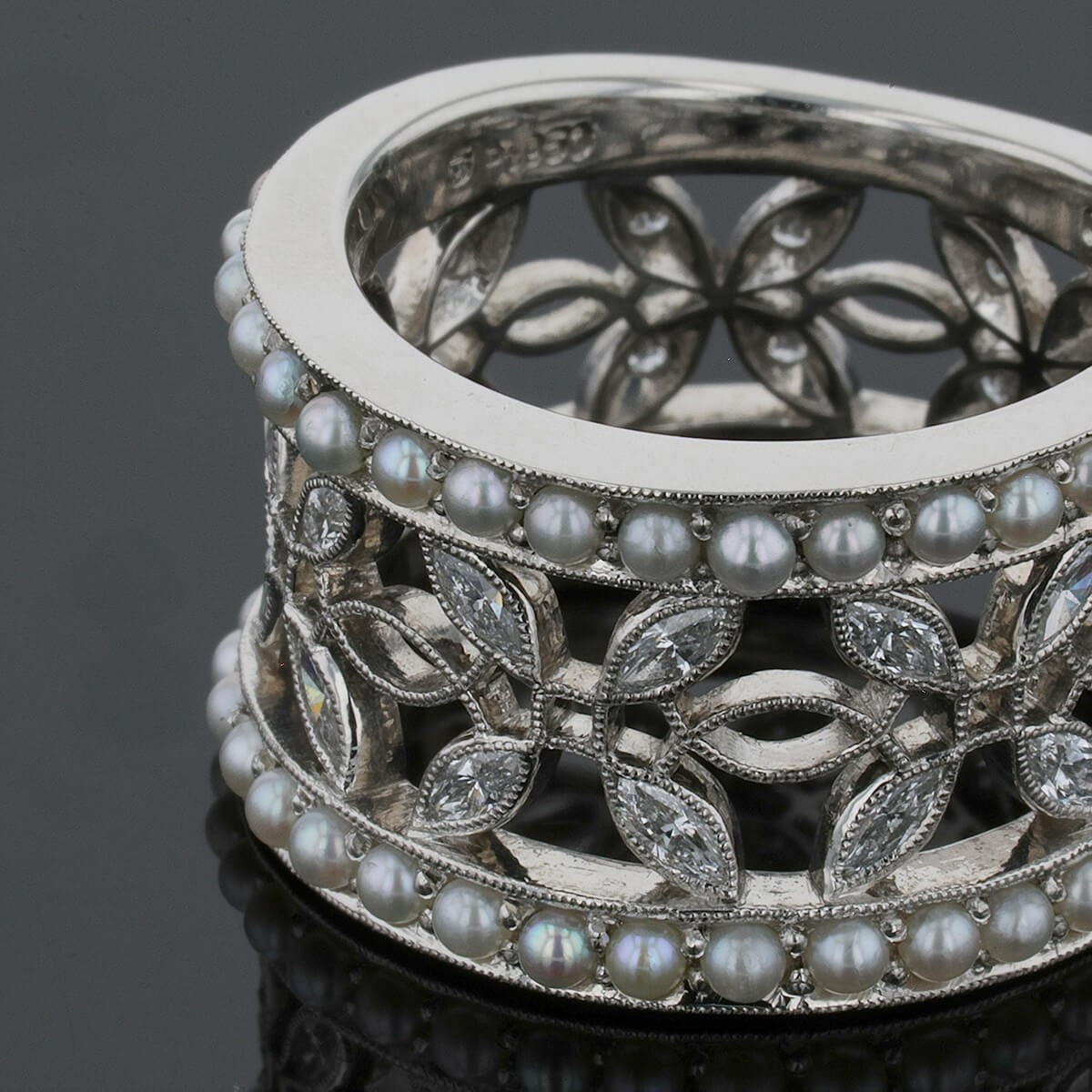 Mikimoto cultured pearls, diamonds and platinum ring