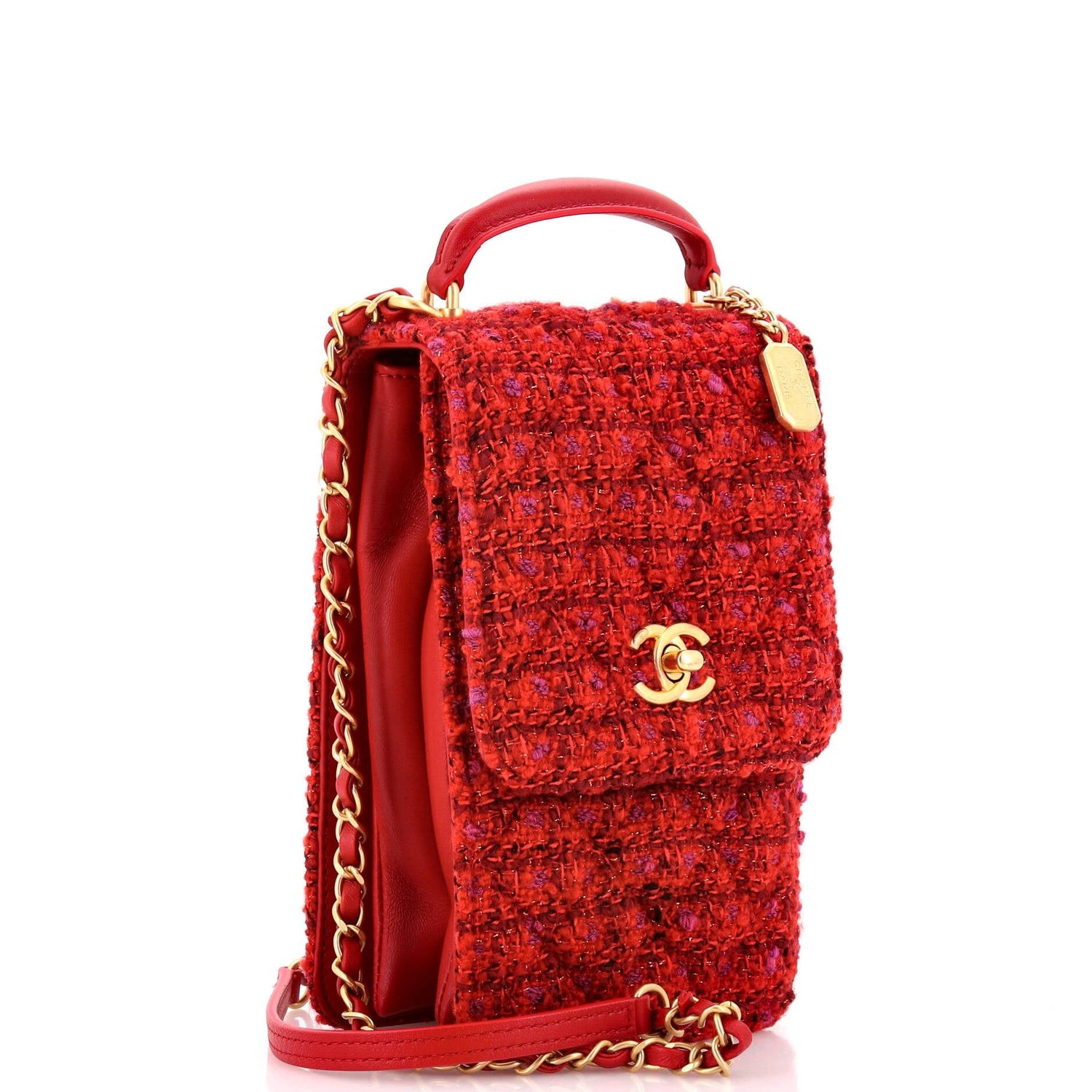 Chanel CC Top Handle Chain Full Flap Bag Quilted Tweed And Lambskin Mini