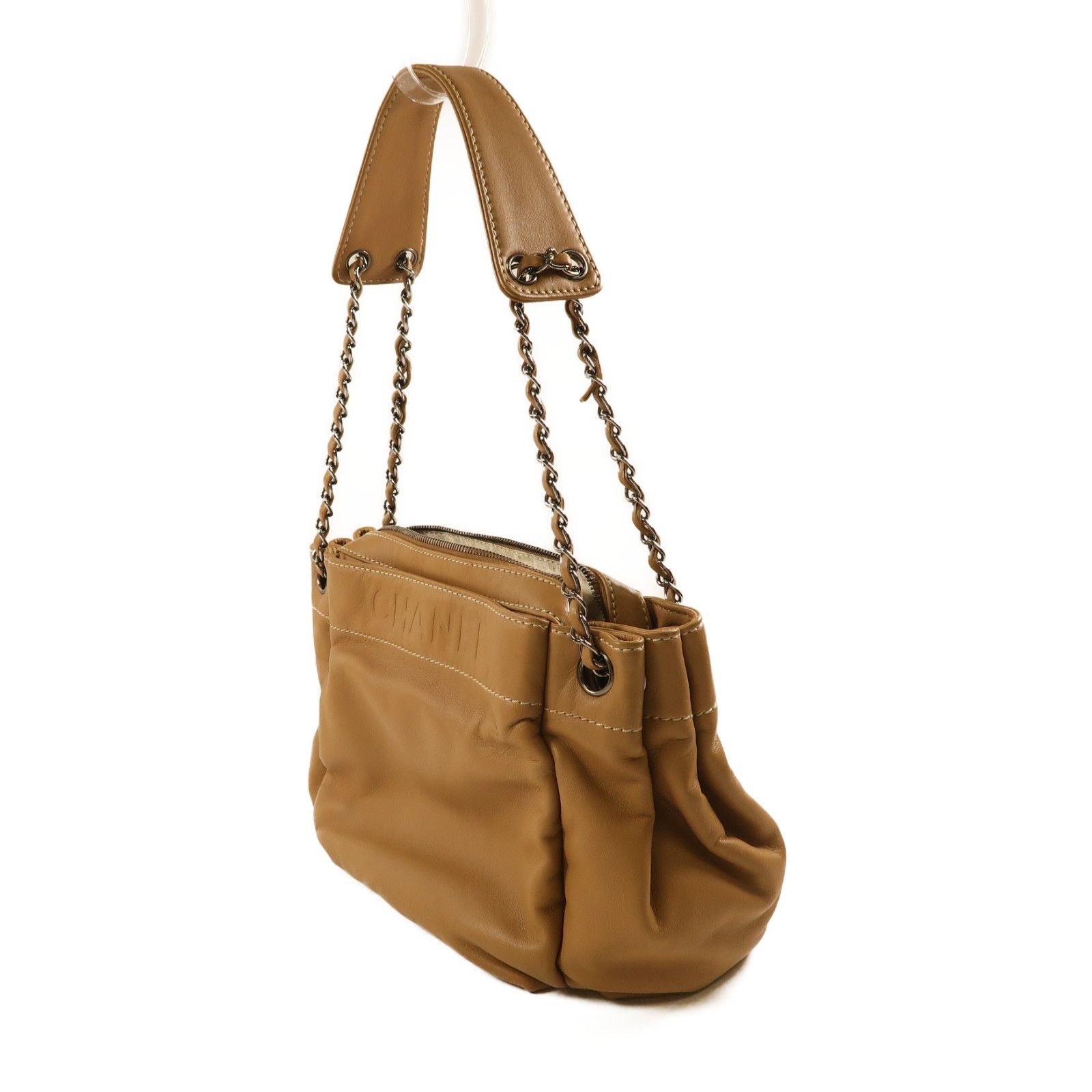 Chanel Brown Beige Lacquered Leather Bag Lambskin