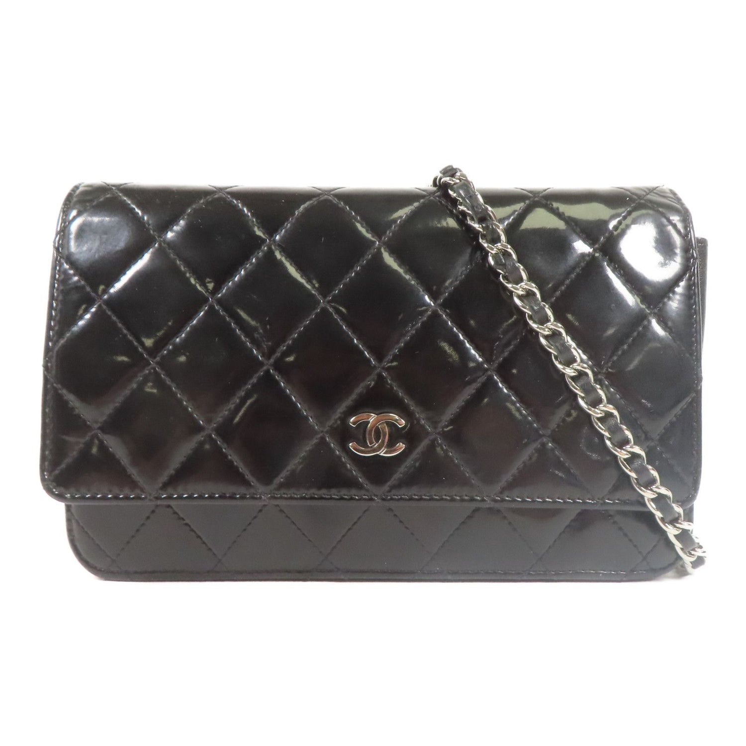Chanel Black Lacquered Leather Woc Wallet On Chain Silver Cross Shoulder Back Bag Enamel