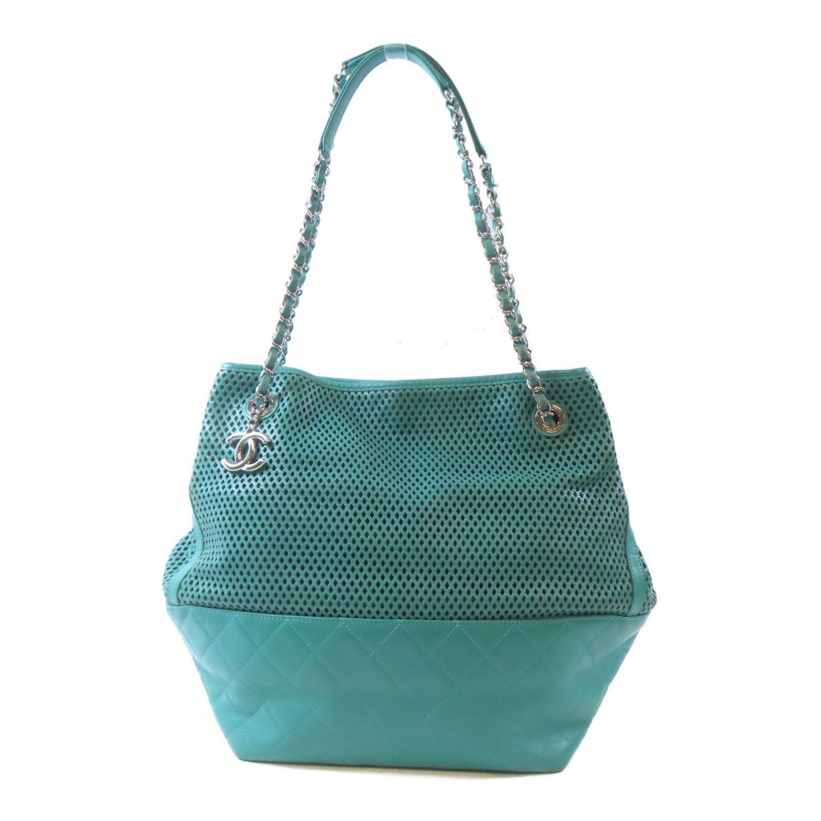 Chanel Green Diamond-shaped Sheepskin Leather Chain Shoulder Bag Silver Cross Shoulder Back