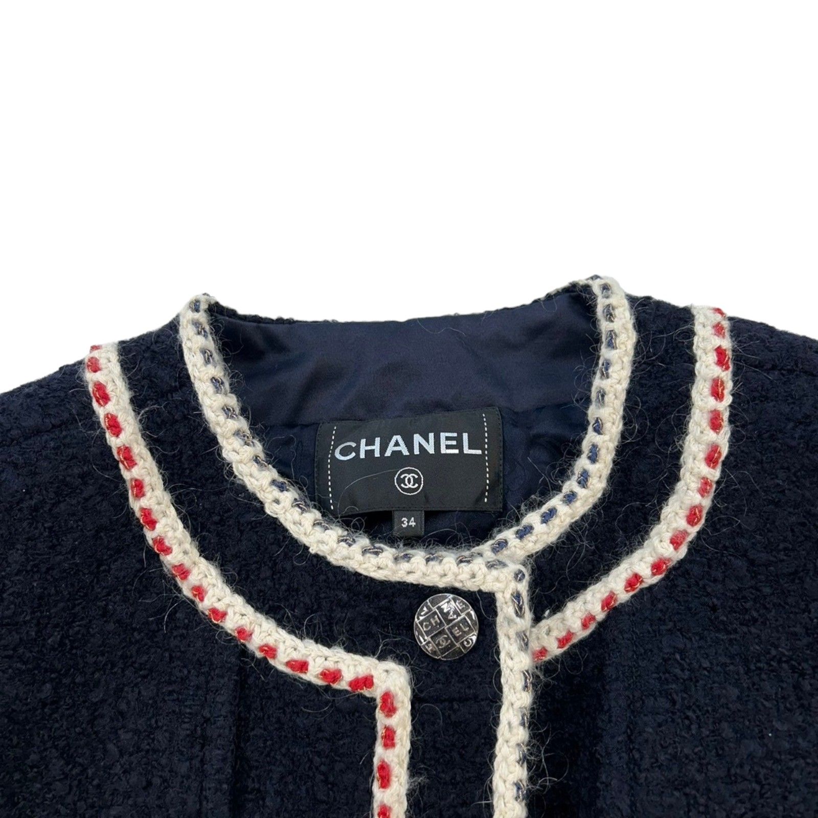 Chanel Navy Tweed No Collar Jacket 34 P 59643v 37141