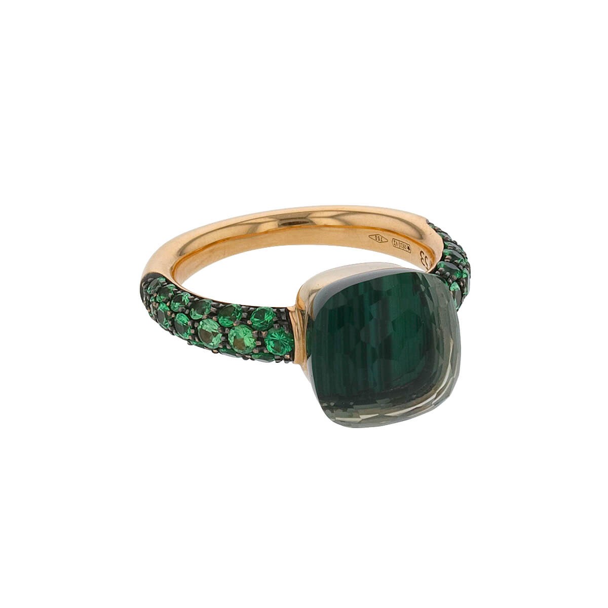 Pomellato Nudo malachite, prasiolite, garnets and gold ring