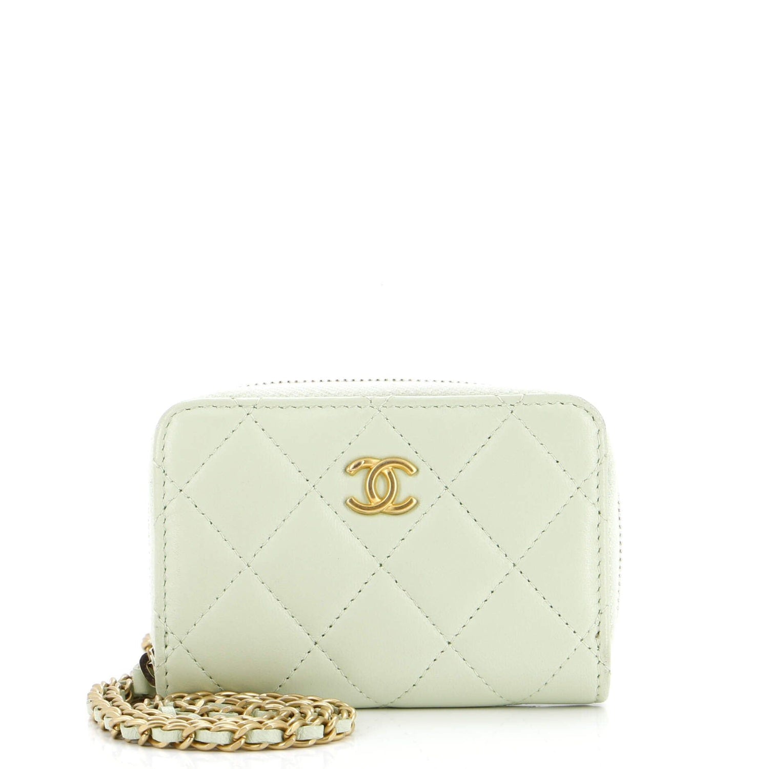 Chanel Pearl Crush Zip Around Card Holder On Chain Quilted Lambskin
