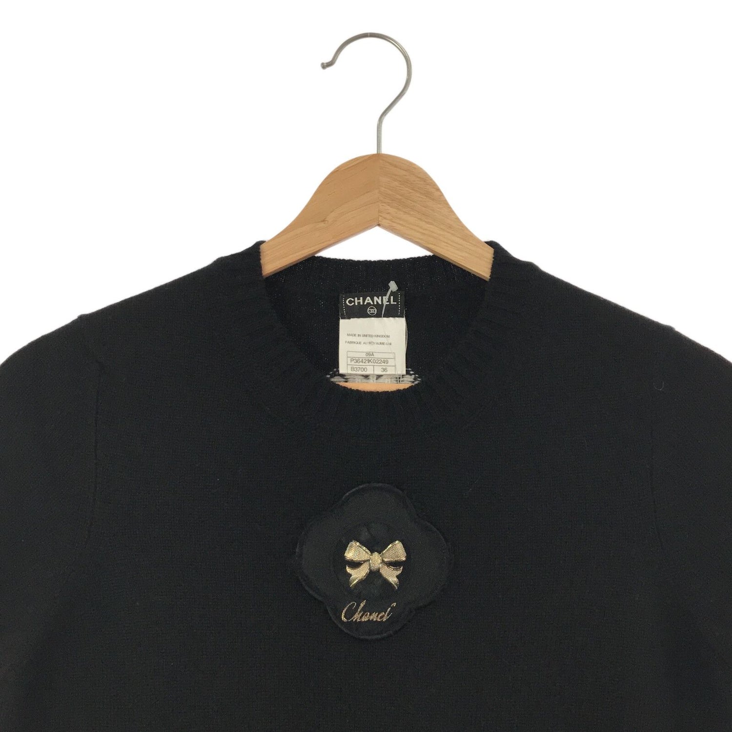 Chanel Short Sleeve Bow Sweater Black Cashmere 36