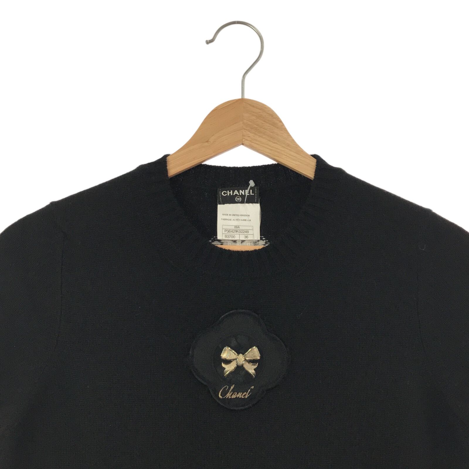 Chanel Short Sleeve Bow Sweater Black Cashmere 36