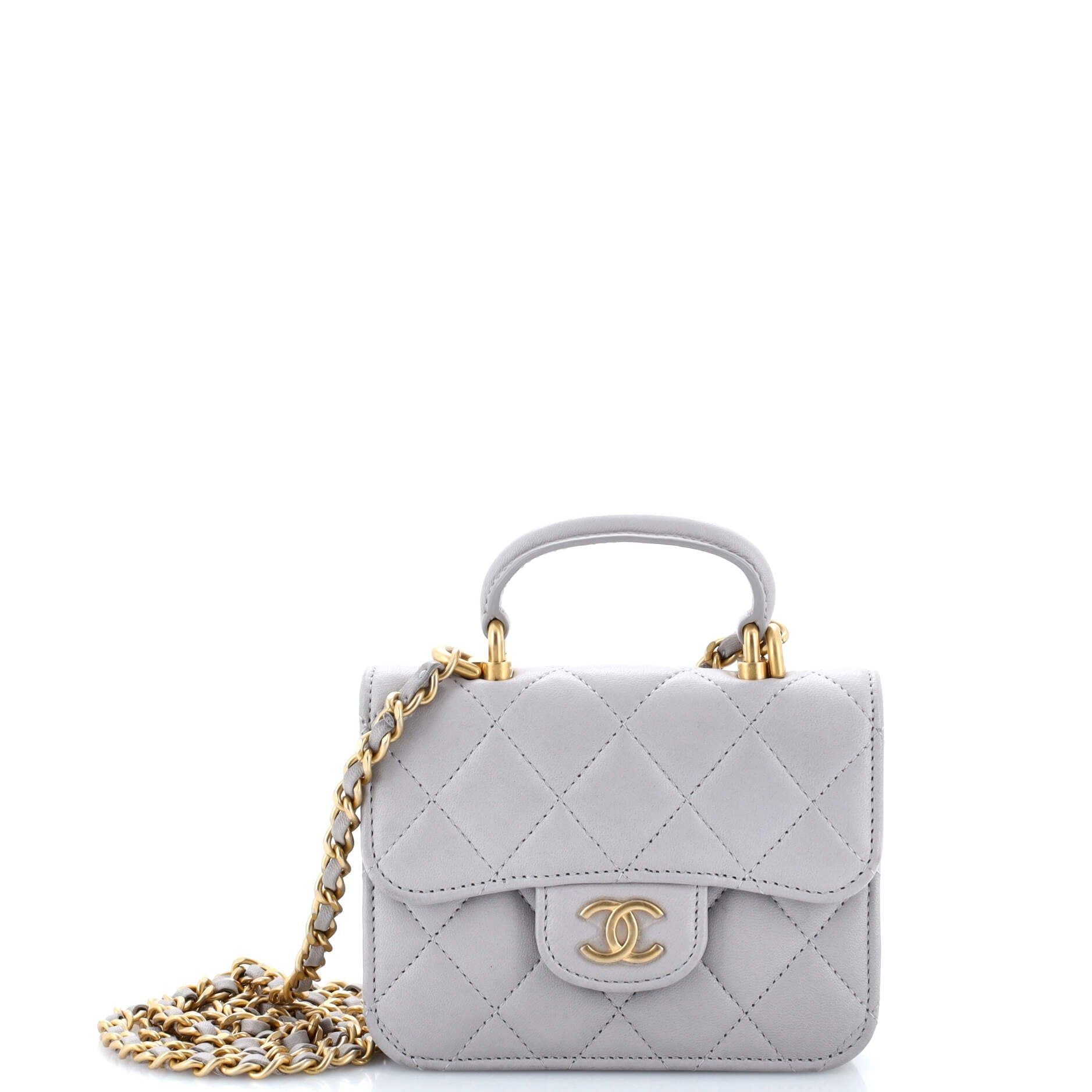 Chanel Top Handle Flap Coin Purse With Chain Quilted Lambskin