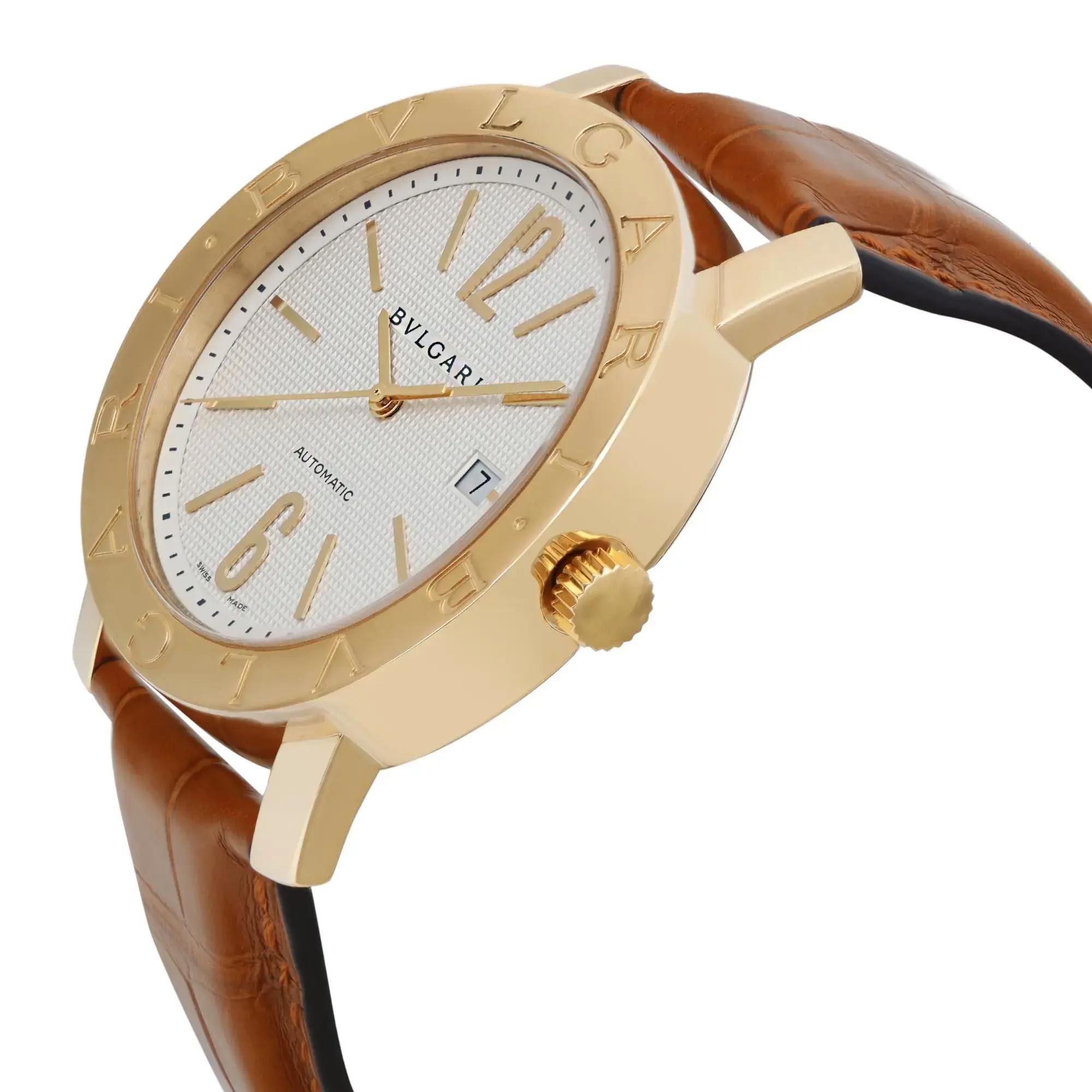Bvlgari Diagono XL 42mm 18k Yellow Gold White Dial Leather Mens Watch BB42GL
