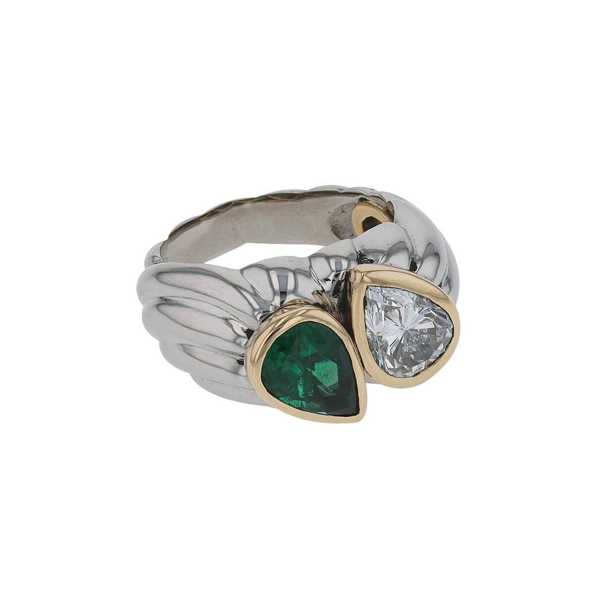 Two tones gold, emerald and diamond ring