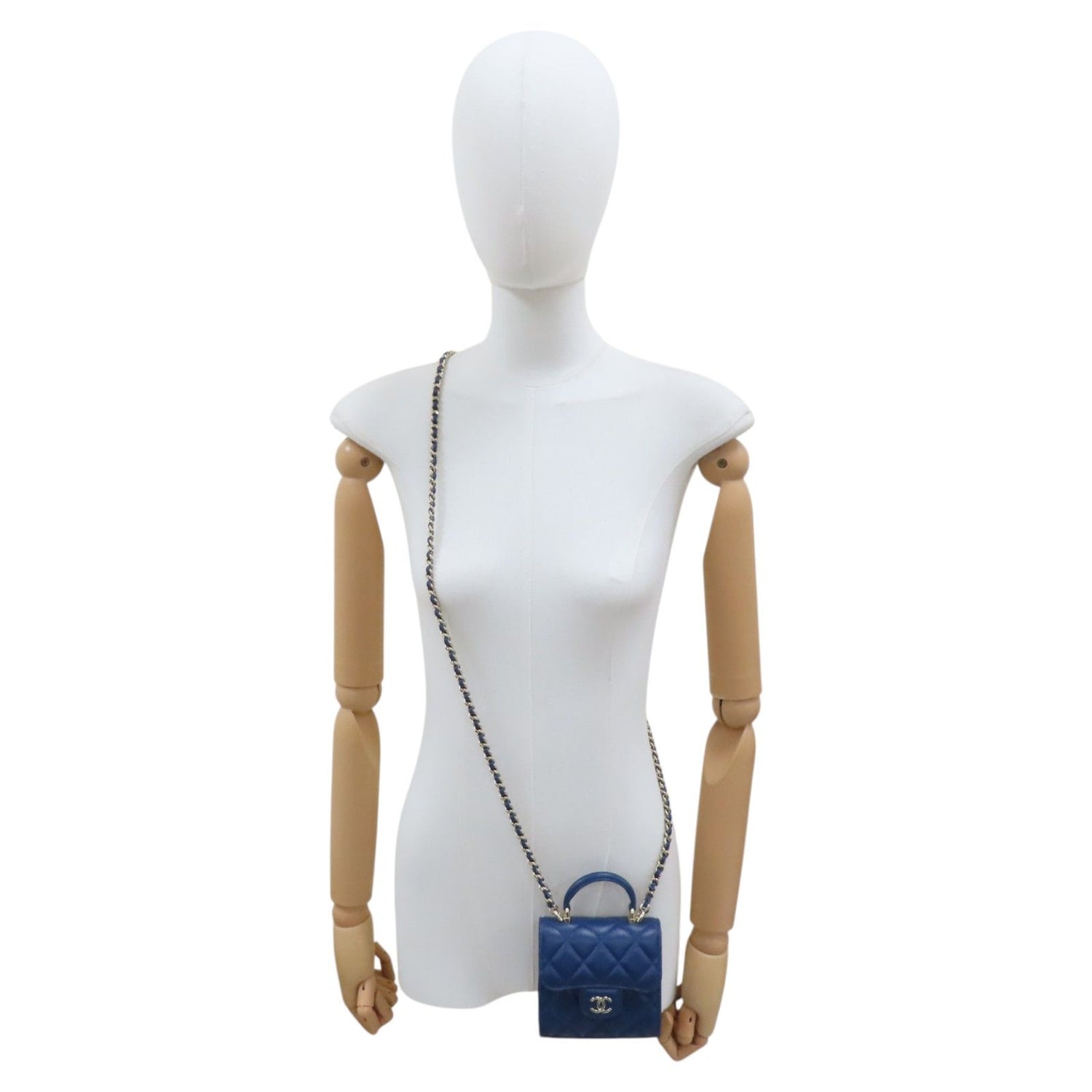 Chanel Top Handle Flap Clutch Chain Shoulder Bag Blue Quilted Lambskin