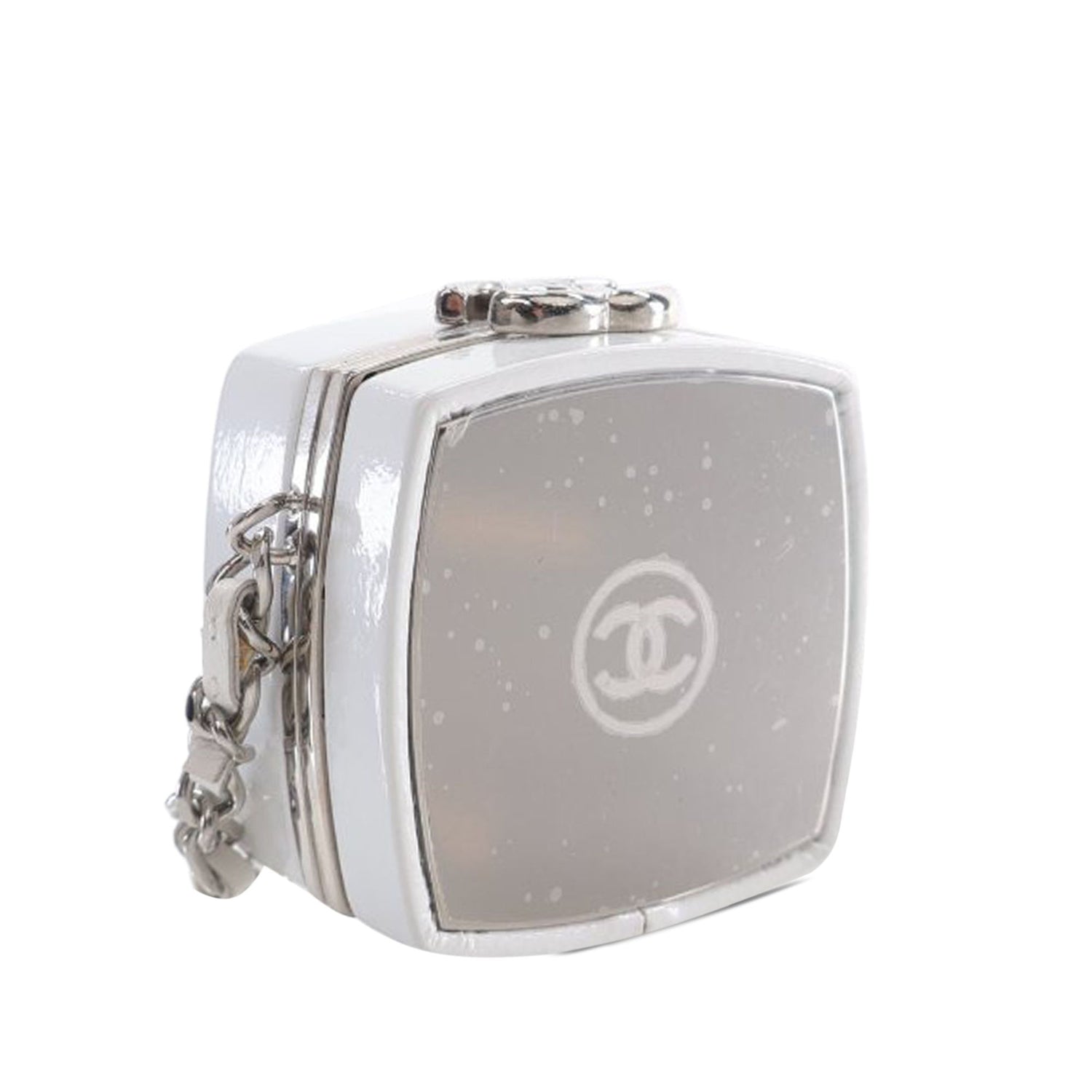 Chanel Patent Goatskin Make-up Box Clutch With Chain White