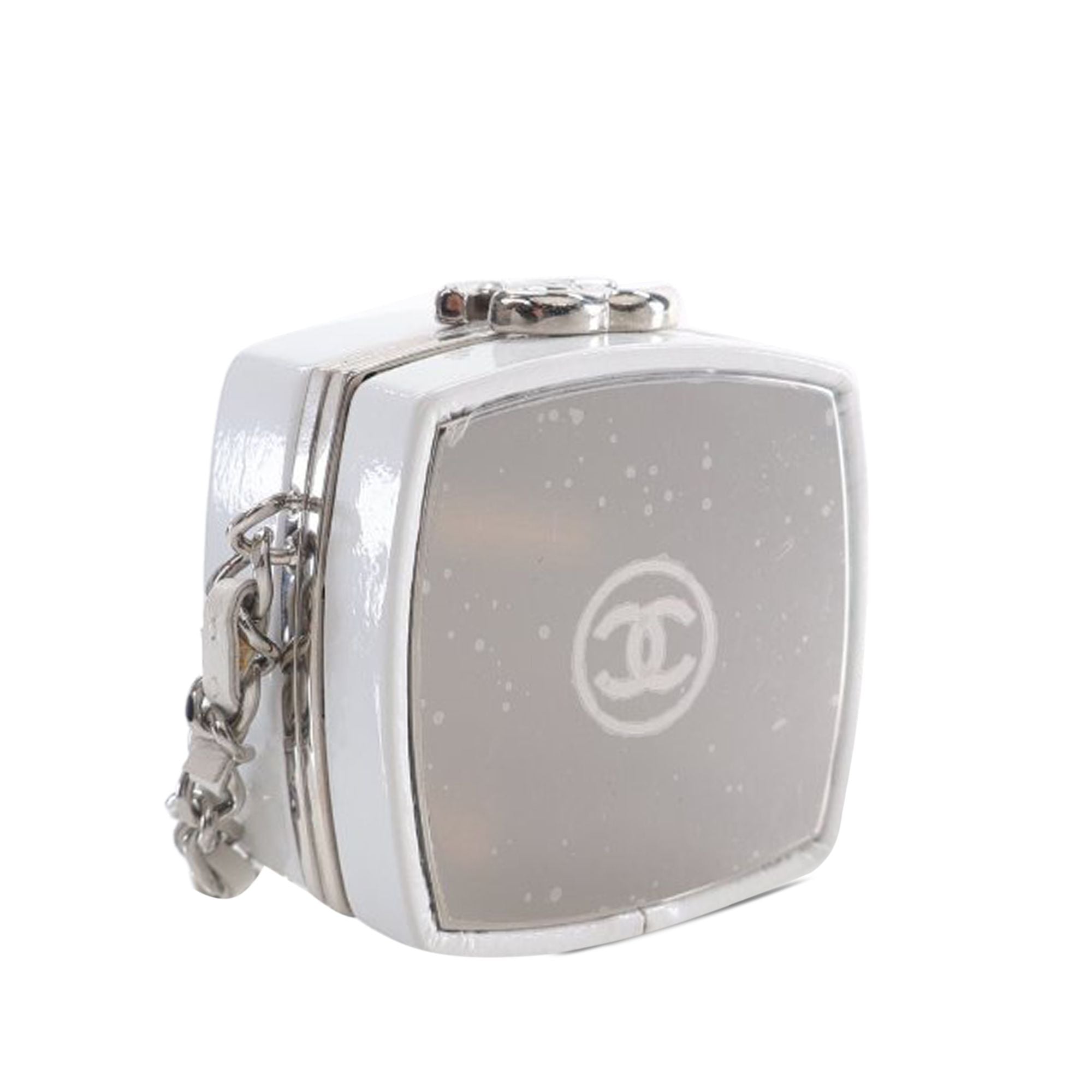 Chanel Patent Goatskin Make-up Box Clutch With Chain White