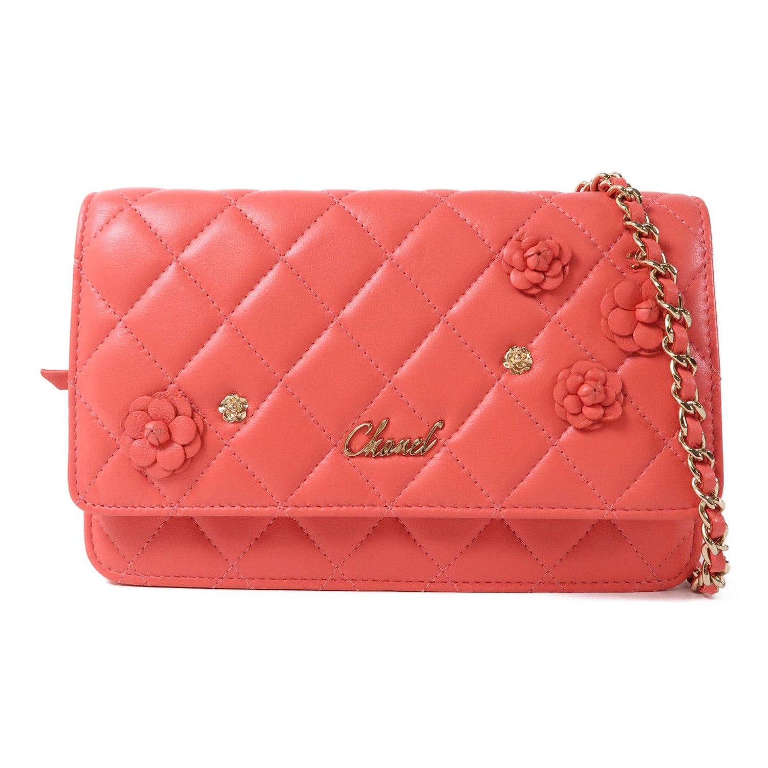 Chanel Pink Sheepskin Leather Woc Wallet On Chain Golden Cross Shoulder Back Bag Lambskin (sheep Leat